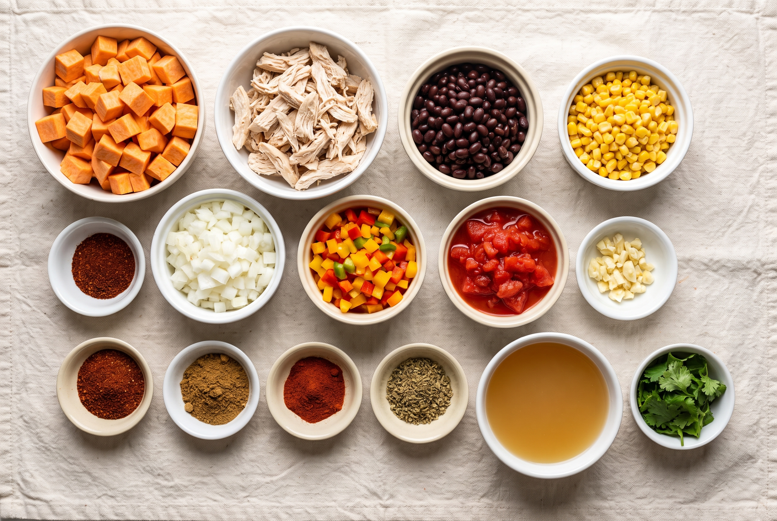 Ingredients for chicken and sweet potato chili: diced onion, red bell pepper, garlic, cubed sweet potatoes, chili spices, canned diced tomatoes, chicken broth, black beans, raw chicken breasts, lime, avocado, Greek yogurt and cilantro