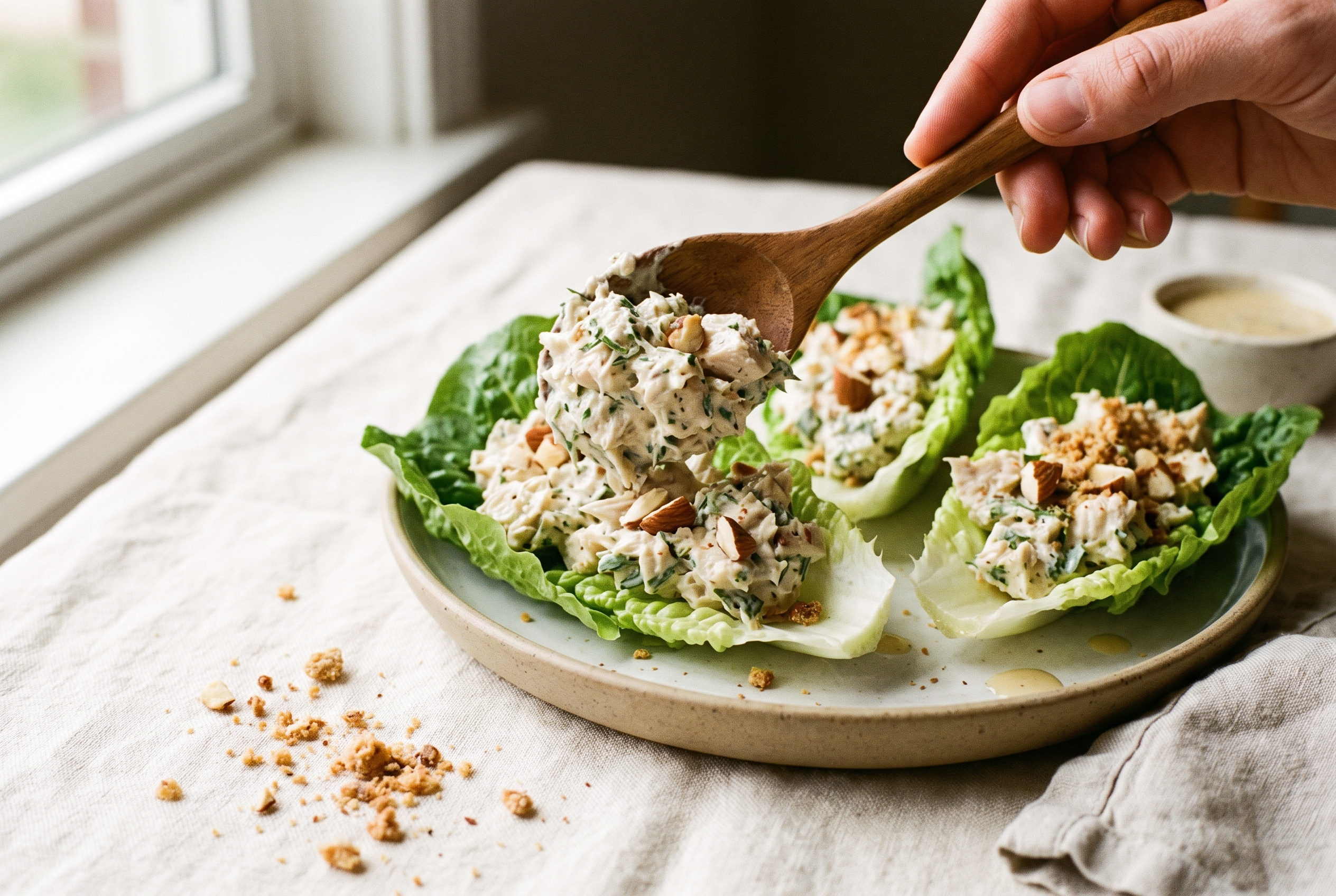 Greek yogurt chicken salad scooped into crisp green lettuce cups on a plate