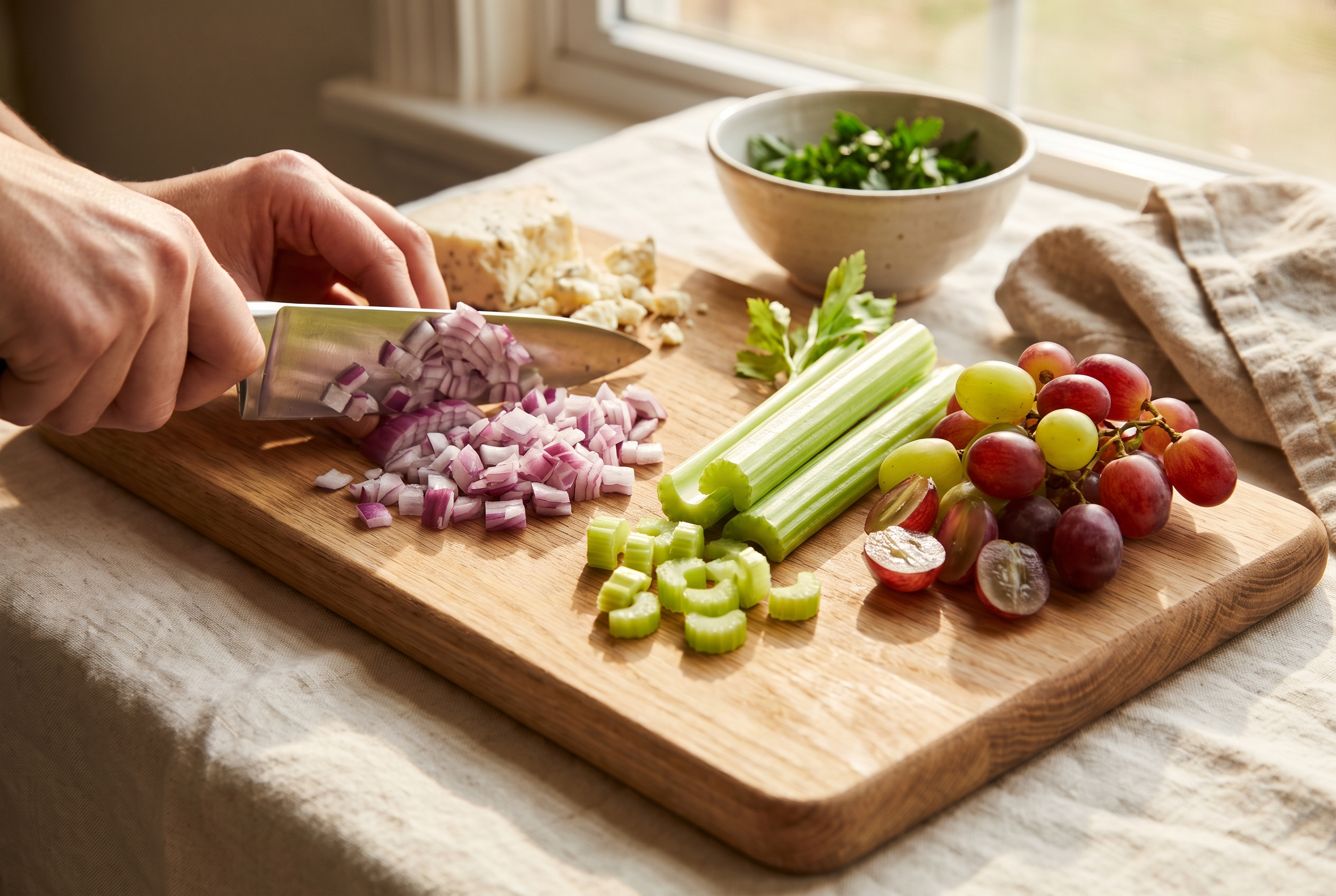 Celery and red onion being diced and red grapes halved on a wooden cutting board