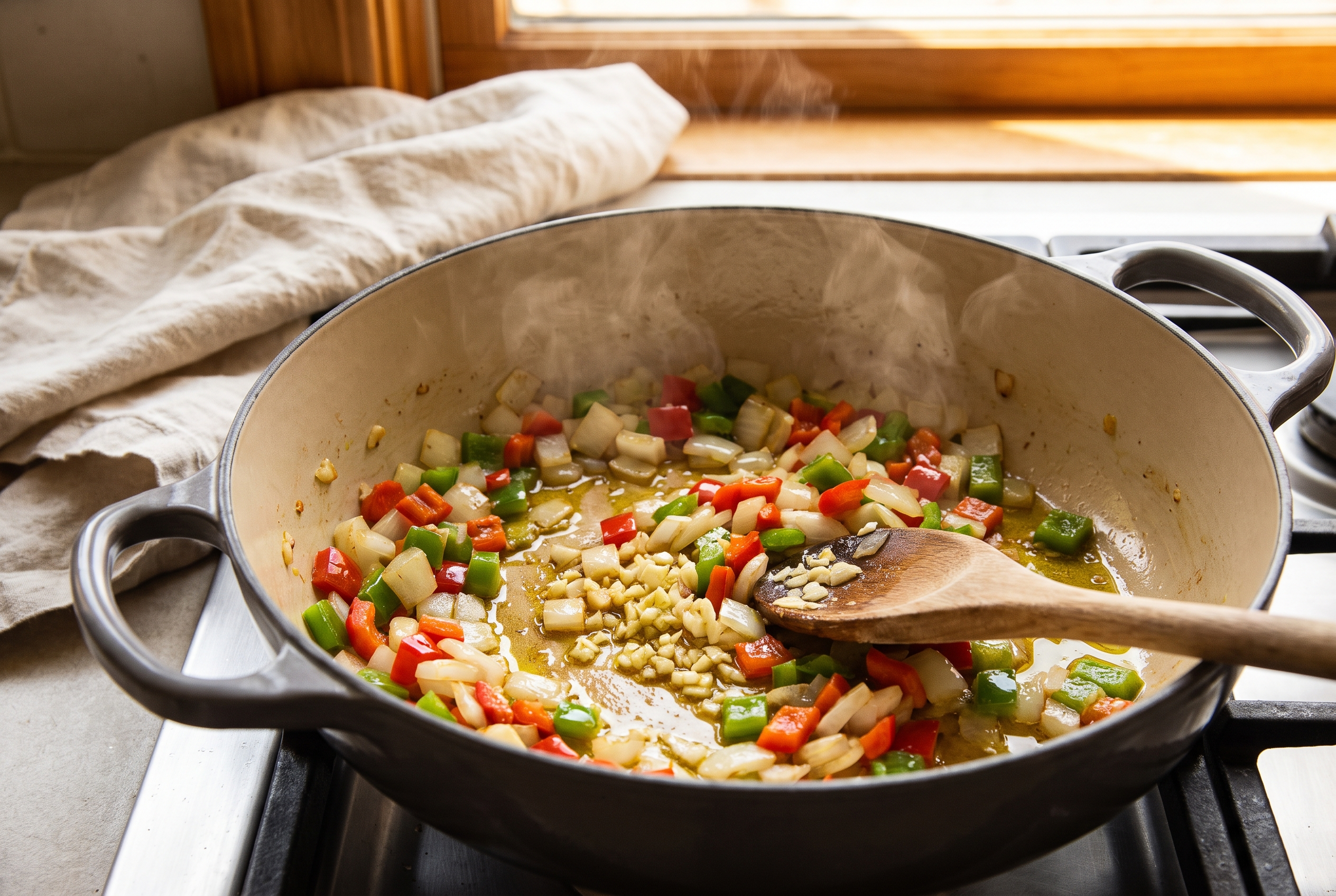 Diced onion, red bell pepper and garlic sauteing in olive oil in a Dutch oven