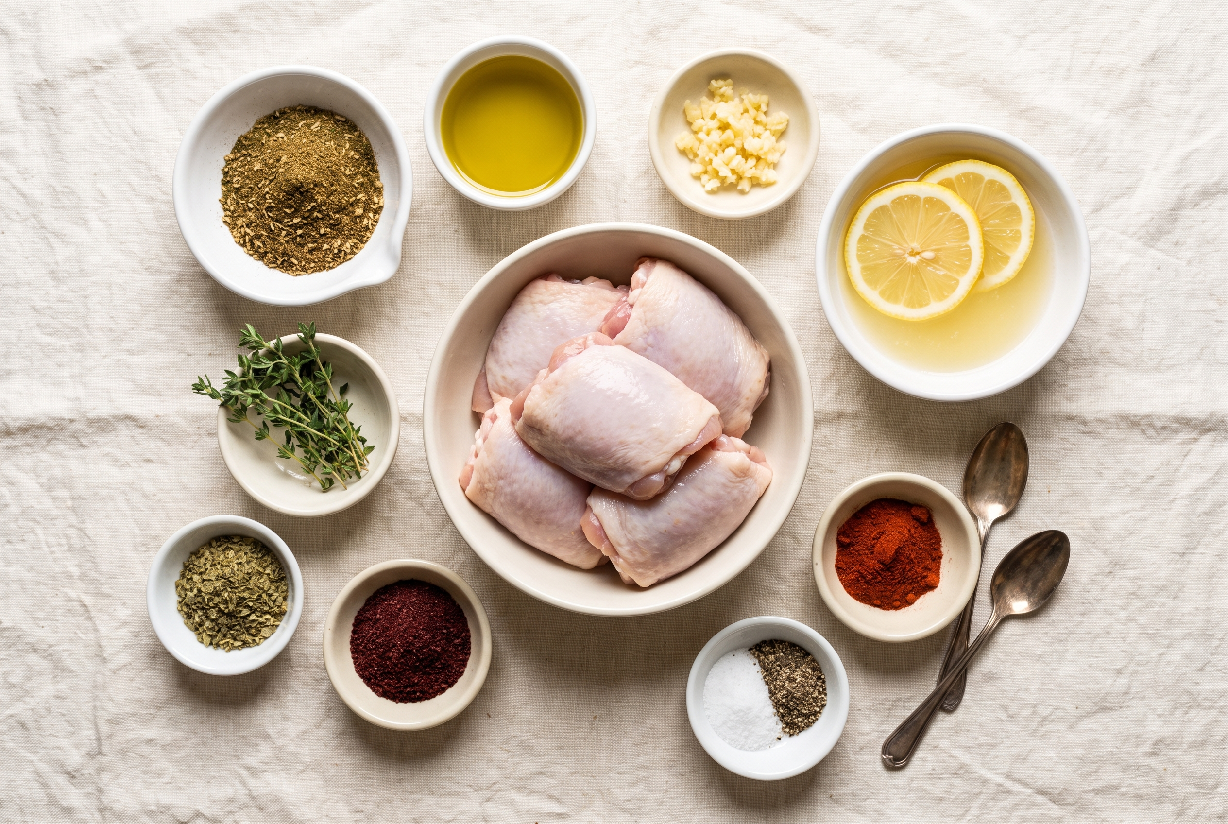 Ingredients for lemon za'atar chicken: raw bone-in chicken thighs, a bowl of za'atar spice blend, olive oil, garlic cloves, whole lemons, red onion, fresh parsley, salt, pepper and a small bowl of tzatziki