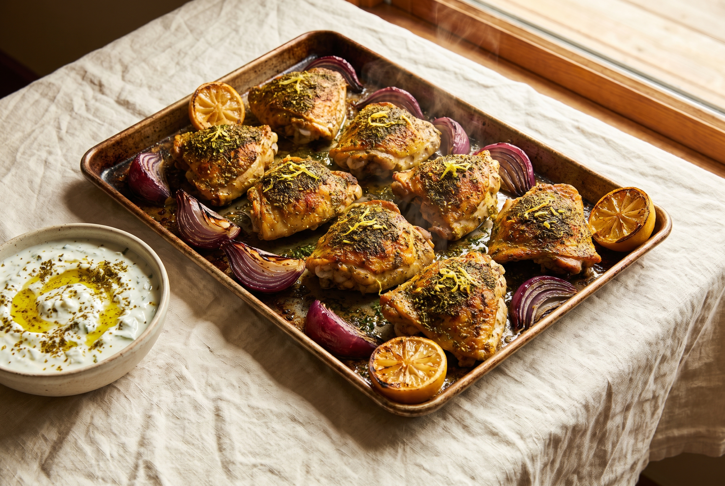 Za'atar chicken thighs roasted golden and crisp with a za'atar and lemon crust on a sheet pan with roasted red onion wedges, lemon halves and a bowl of tzatziki