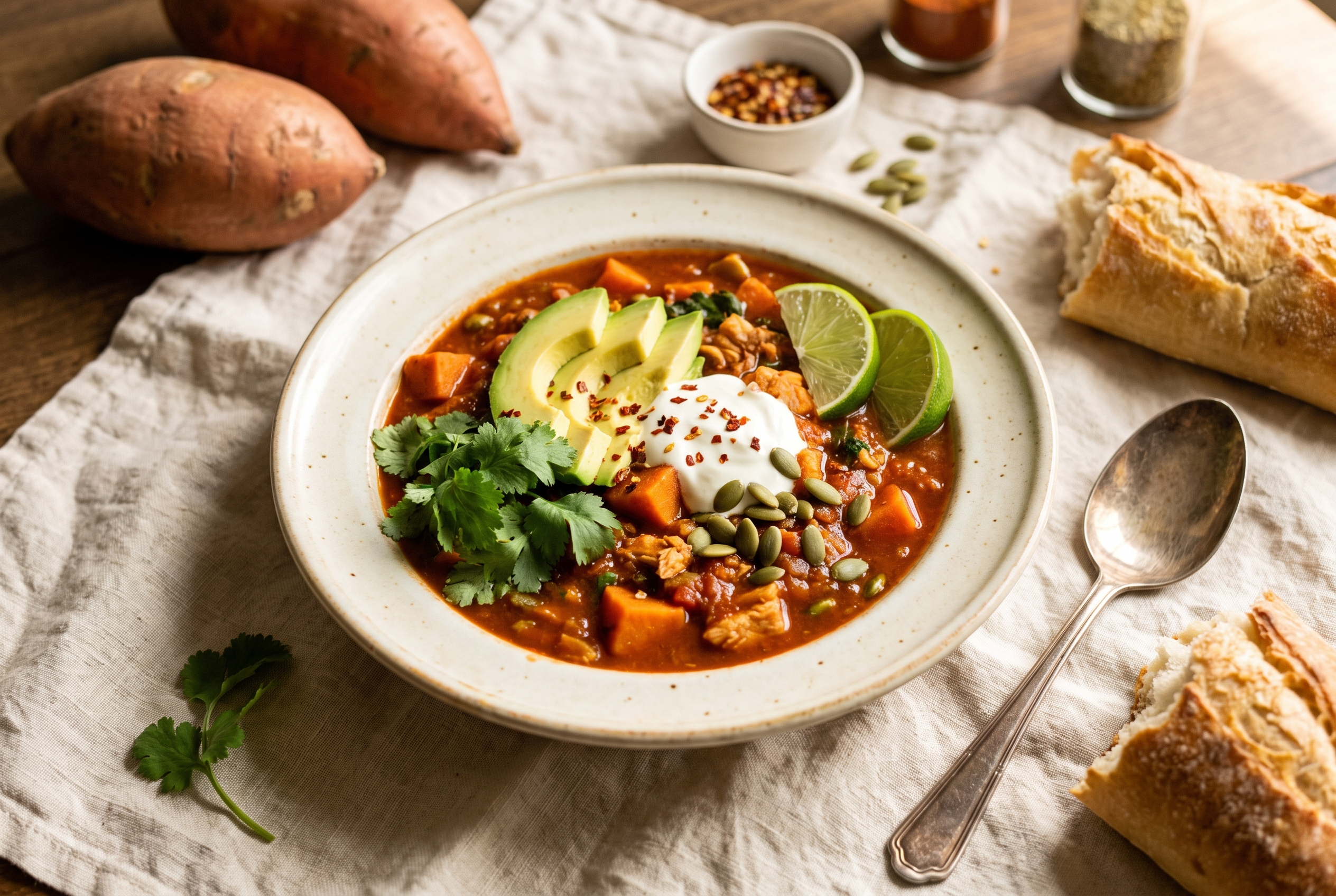 Two bowls of healthy sweet potato chili with shredded chicken and black beans, topped with avocado, yogurt, cilantro and lime wedges, next to the Dutch oven