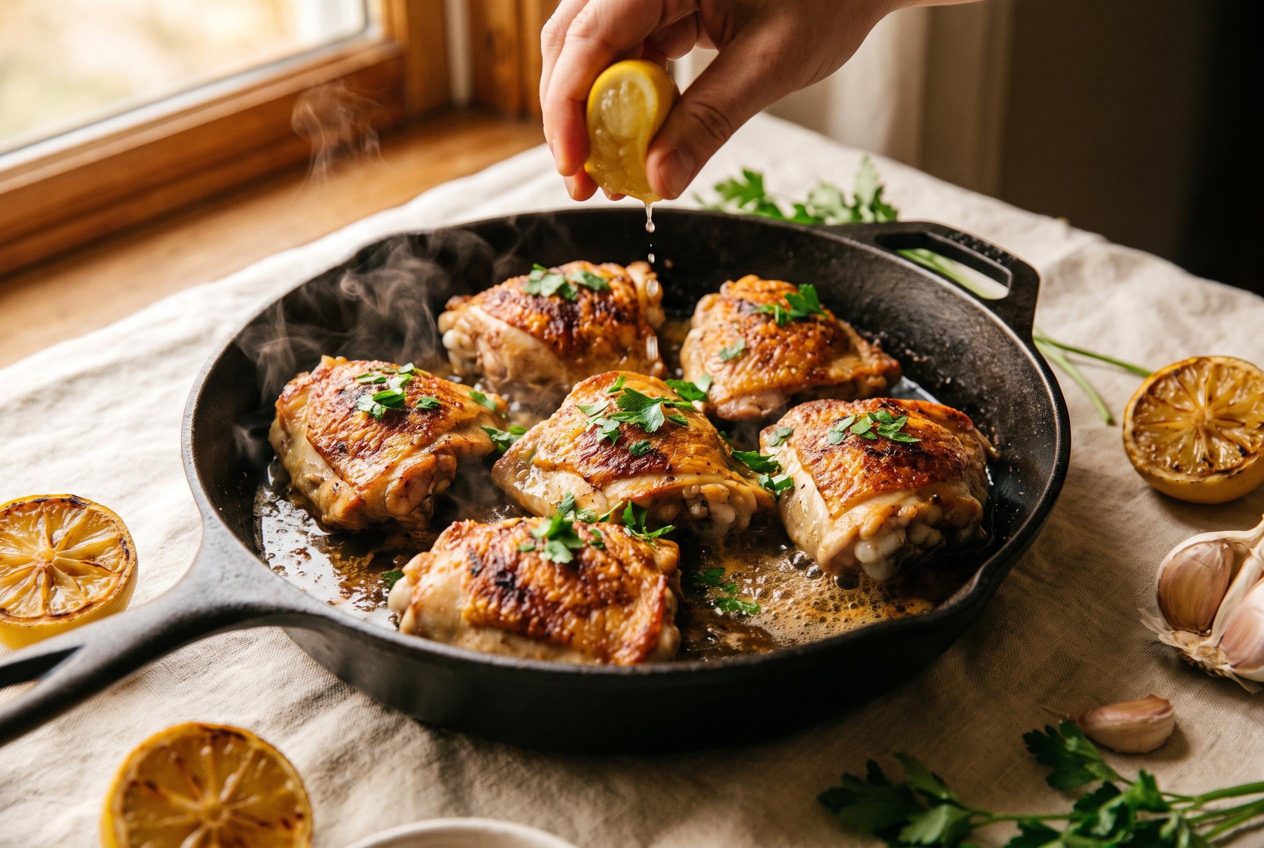 Roasted za'atar chicken thighs on the sheet pan being squeezed with roasted lemon and sprinkled with parsley