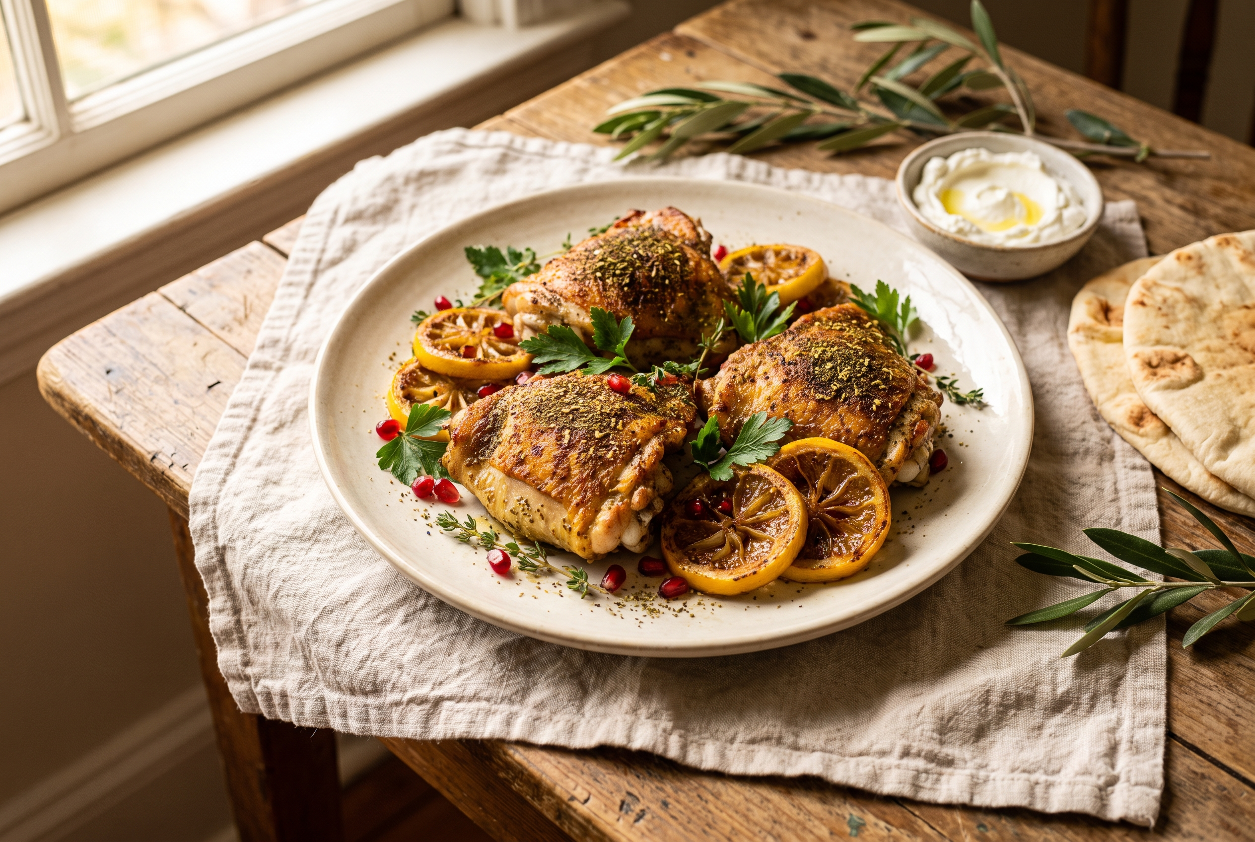 A plate of za'atar roasted chicken with crispy skin, roasted red onion, a charred lemon half, tzatziki and a Mediterranean salad