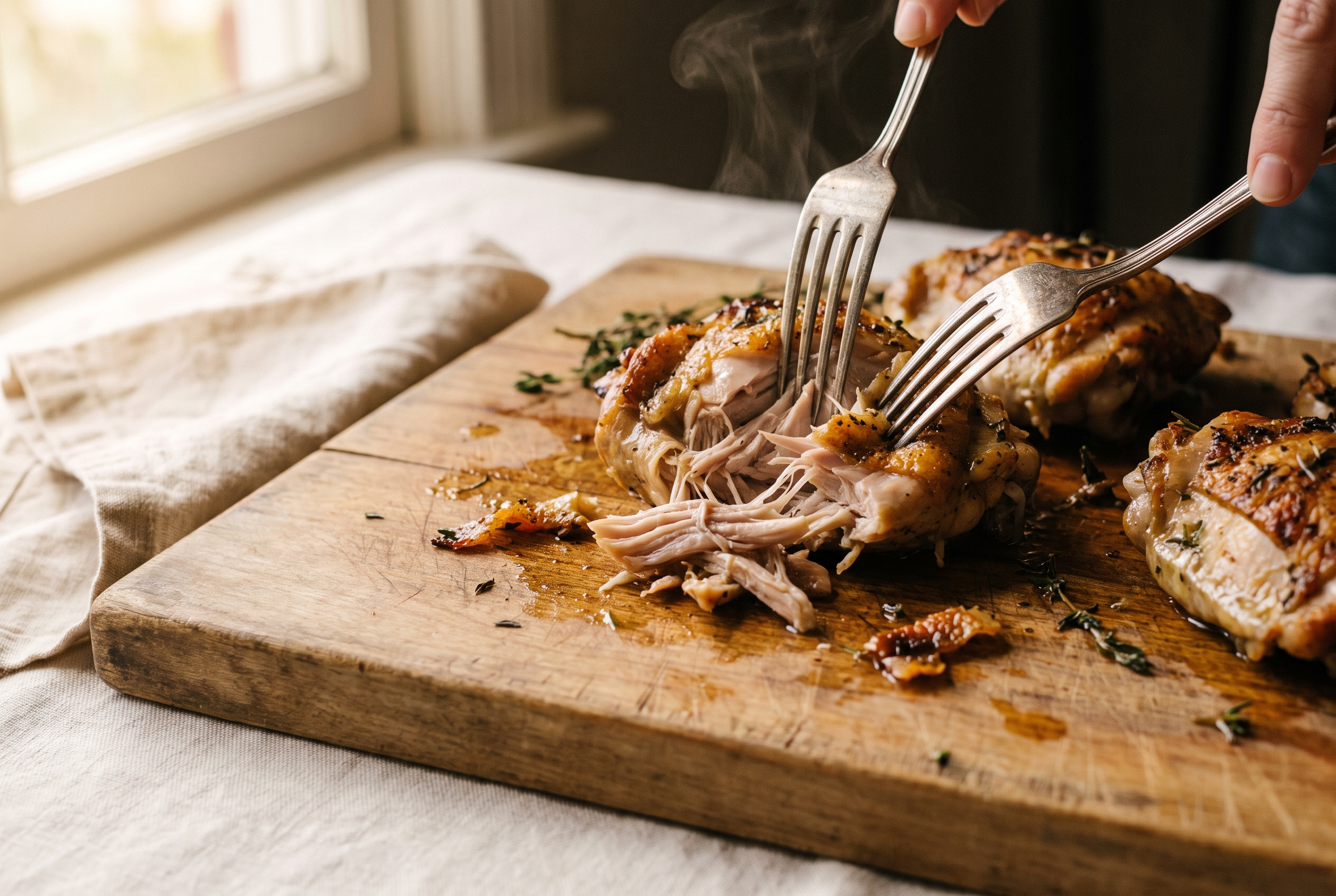 Cooked chicken breasts being shredded with two forks on a wooden cutting board