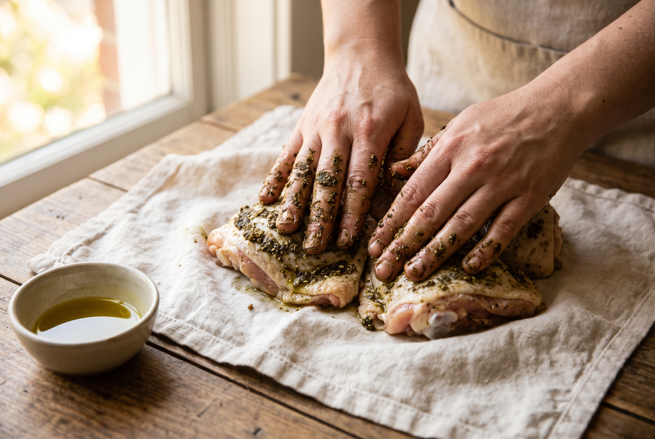 Za'atar paste being rubbed over and under the skin of raw chicken thighs