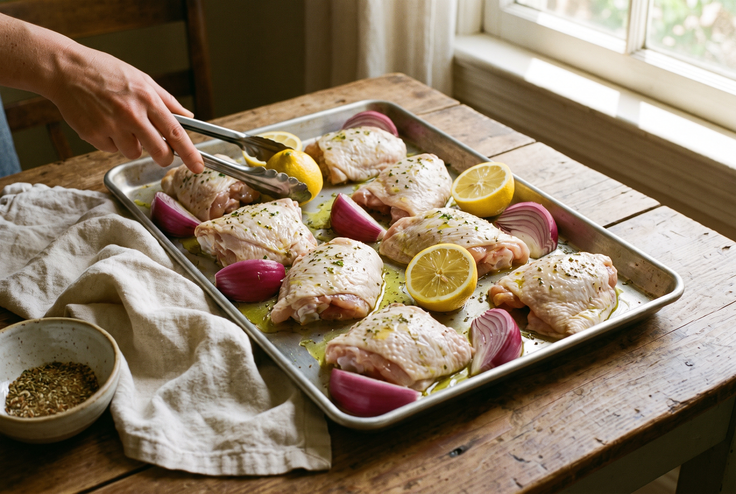 Chicken thighs arranged skin side up on a sheet pan with red onion wedges and lemon halves
