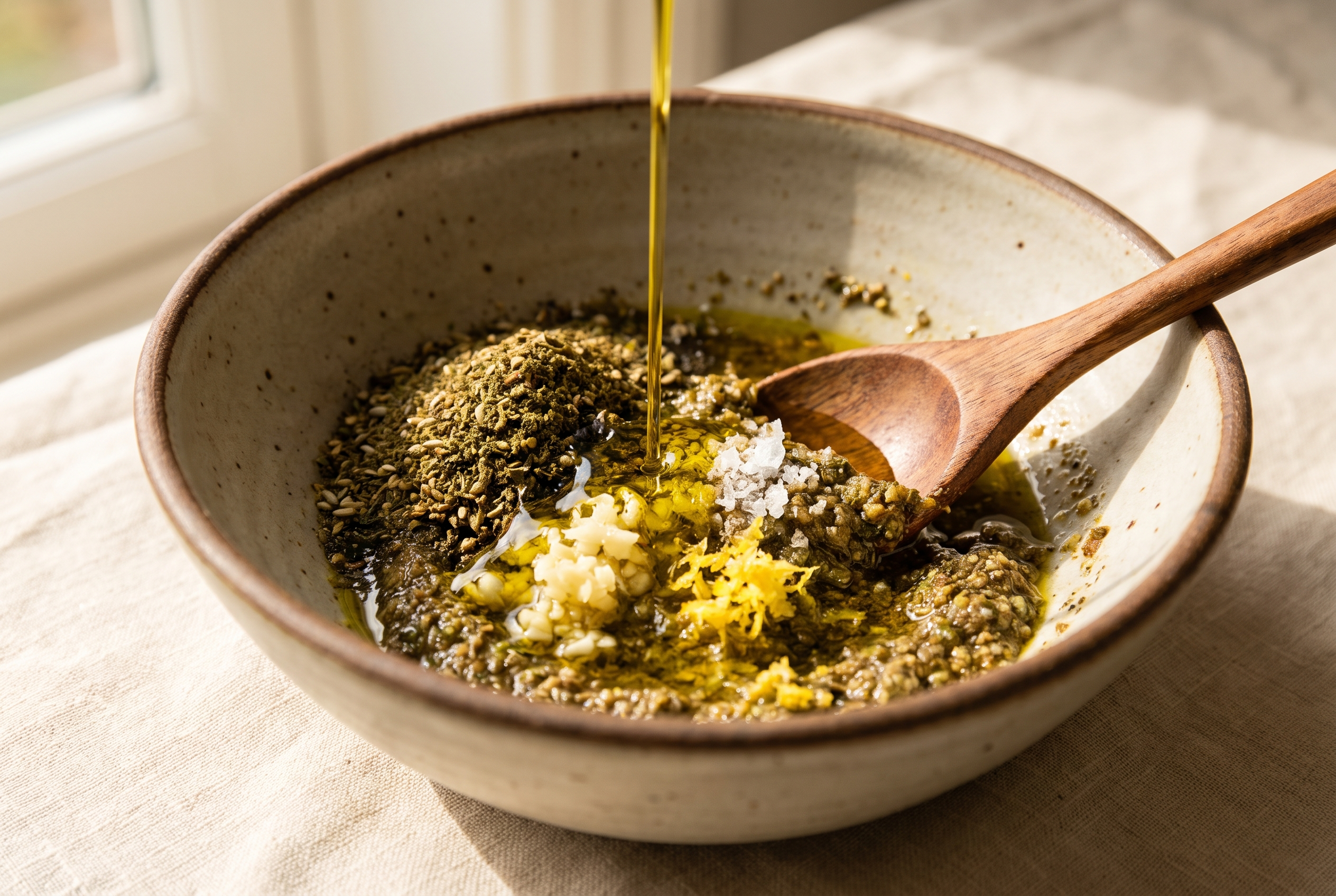 Olive oil, za'atar, minced garlic, lemon zest and salt being stirred into a paste in a small bowl