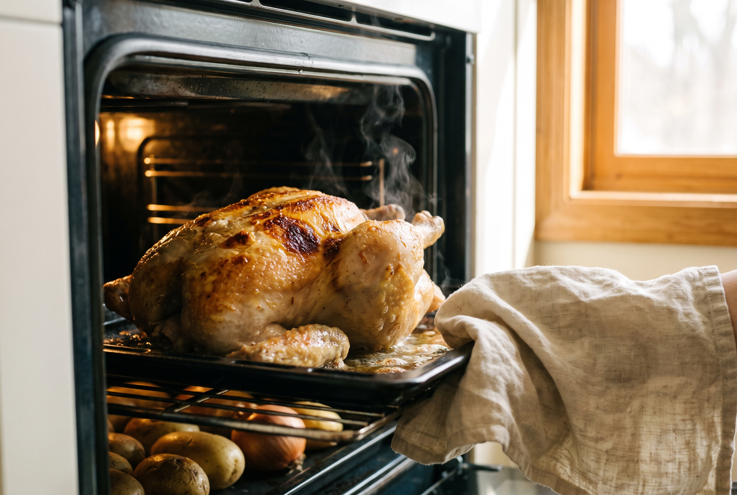 Za'atar chicken thighs roasting in the oven with skin turning golden and crisp