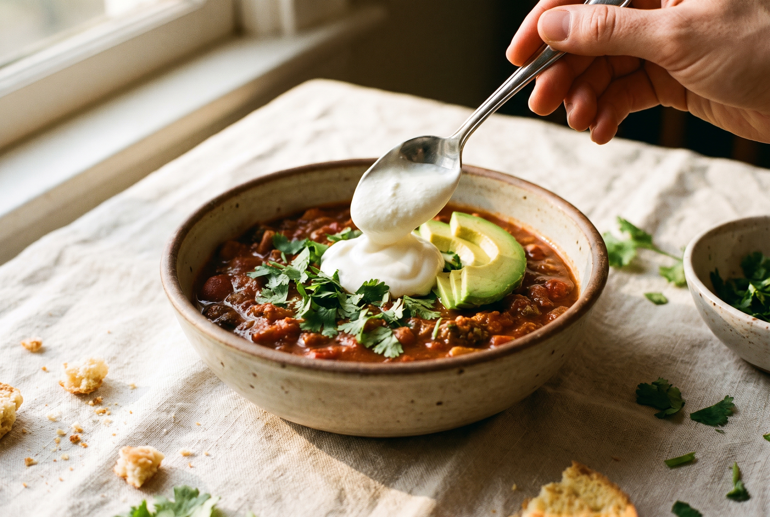 A bowl of finished sweet potato chicken chili topped with avocado slices, Greek yogurt and cilantro