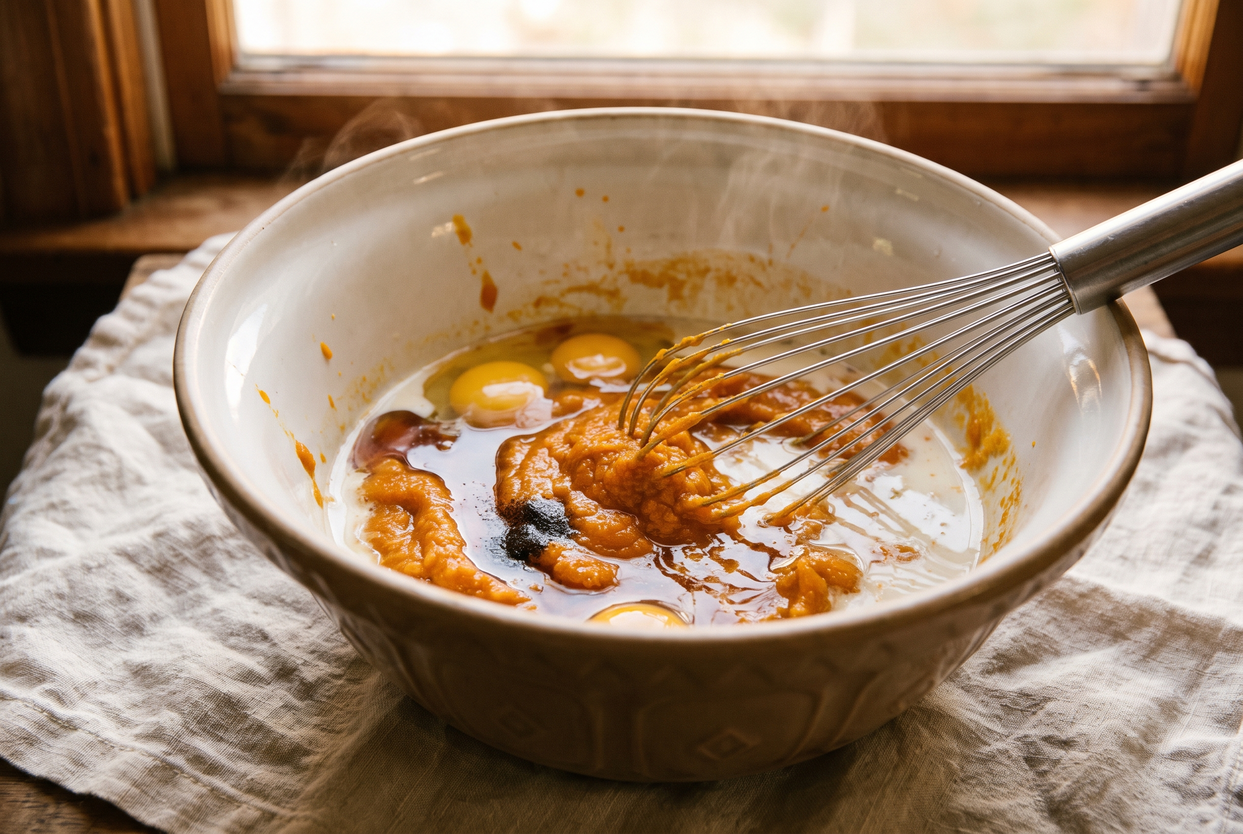 Pumpkin puree, eggs, milk, maple syrup and vanilla being whisked together into a smooth orange mixture in a large glass bowl