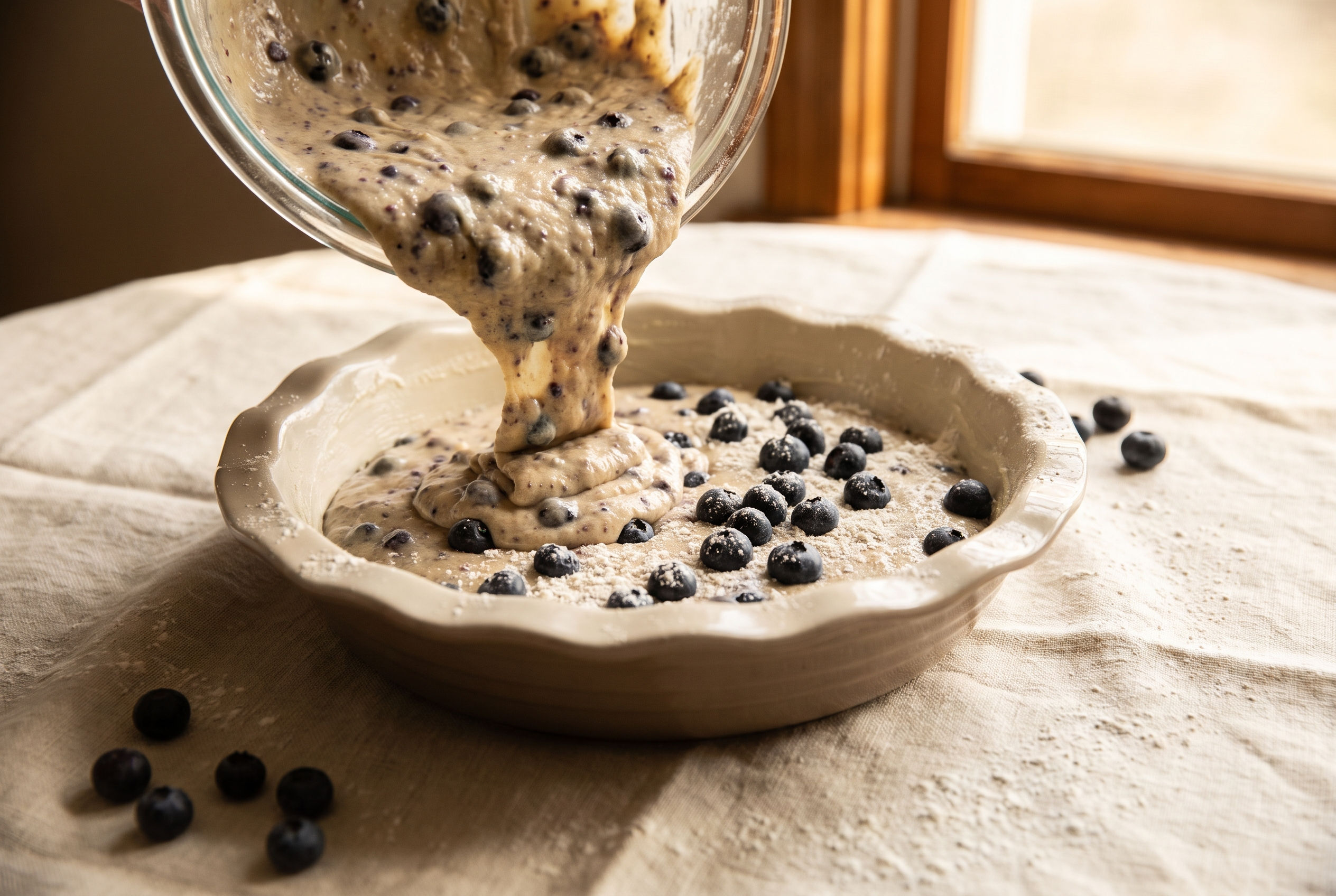 Blueberry oat batter poured into a greased baking dish with extra blueberries scattered on top