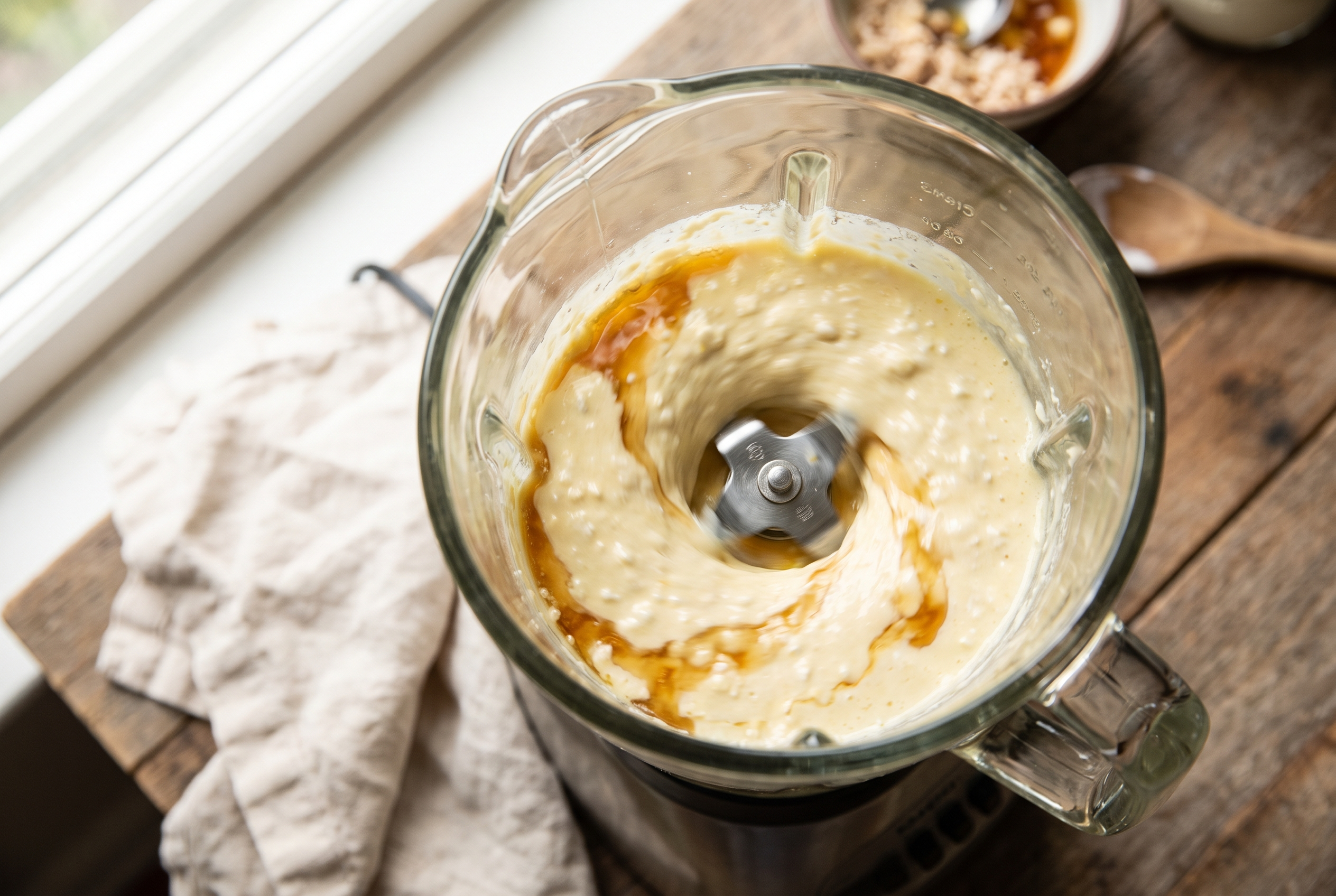 Cottage cheese, eggs, maple syrup and vanilla blending smooth in a blender
