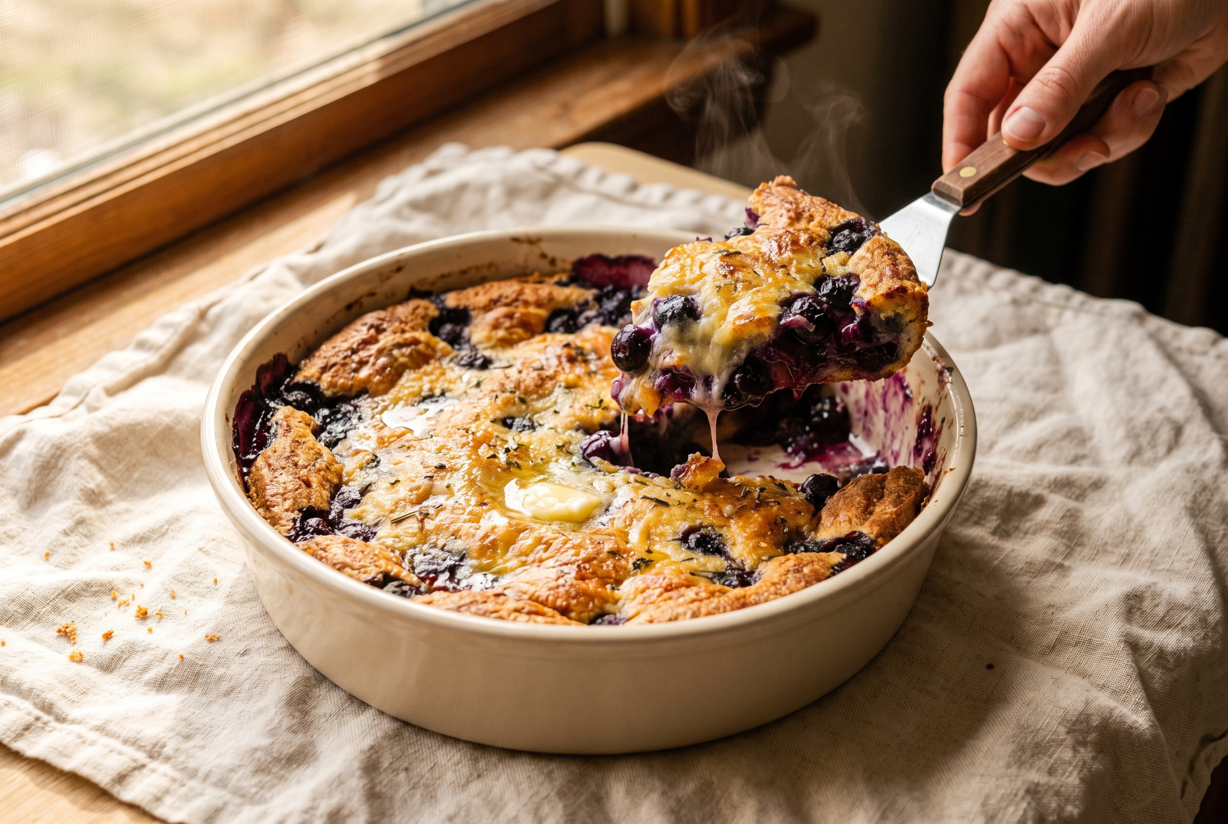 The blueberry cottage cheese breakfast bake out of the oven, golden on top with bubbling bursting blueberries