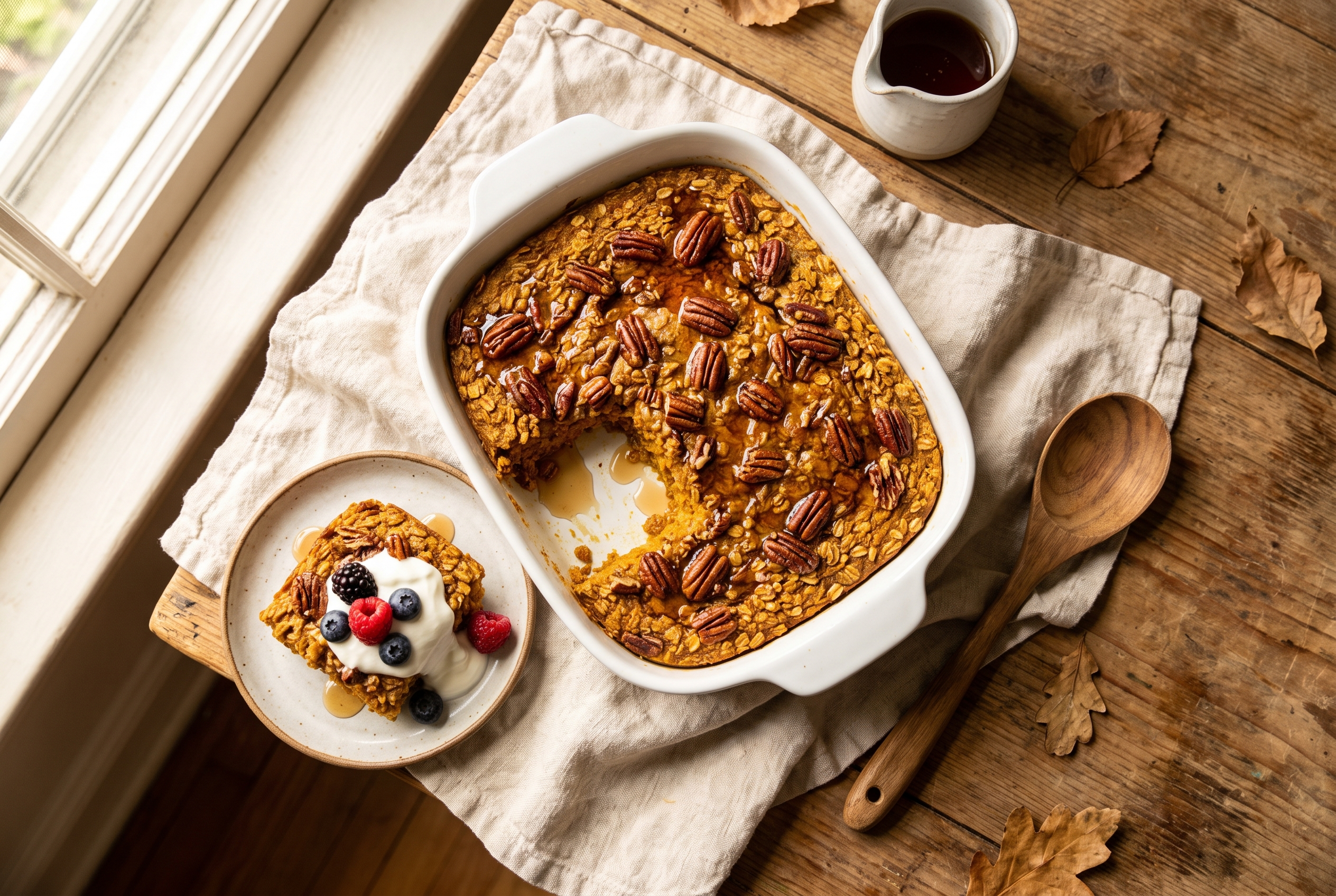 Pumpkin baked oatmeal in a white baking dish with a golden top, toasted pecans and a drizzle of maple syrup, one square served on a plate with a spoonful of Greek yogurt