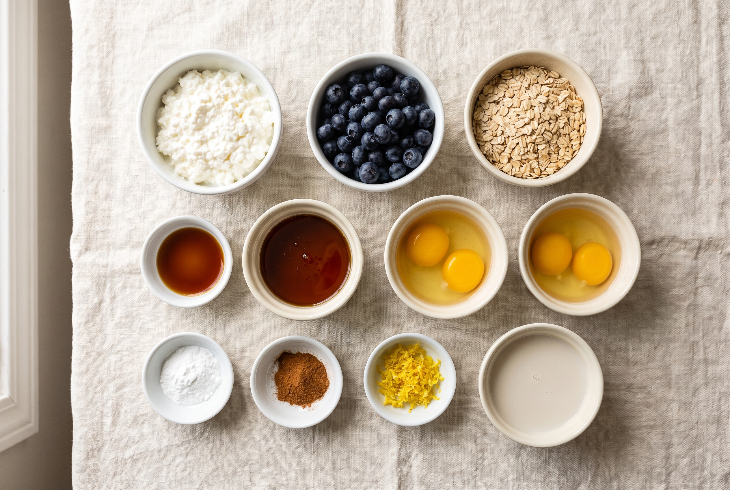 Ingredients for cottage cheese baked oats in small bowls: cottage cheese, eggs, maple syrup, vanilla, rolled oats, cinnamon, baking powder, salt and fresh blueberries