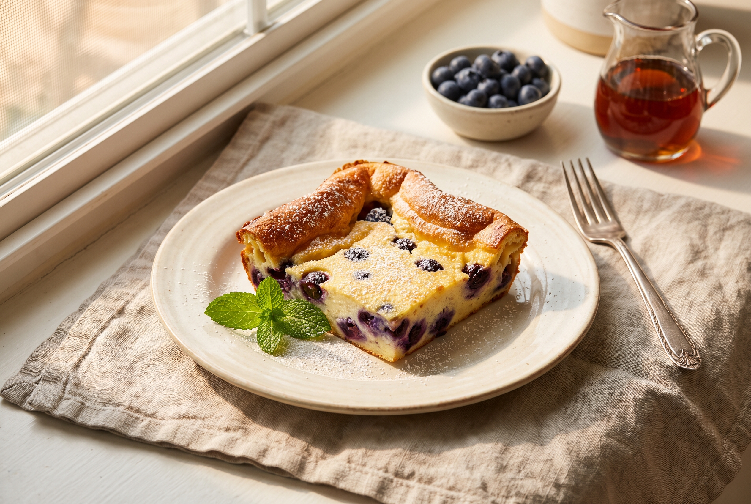 A square of high protein blueberry baked oats on a plate topped with Greek yogurt, fresh blueberries and a drizzle of maple syrup, next to a cup of coffee