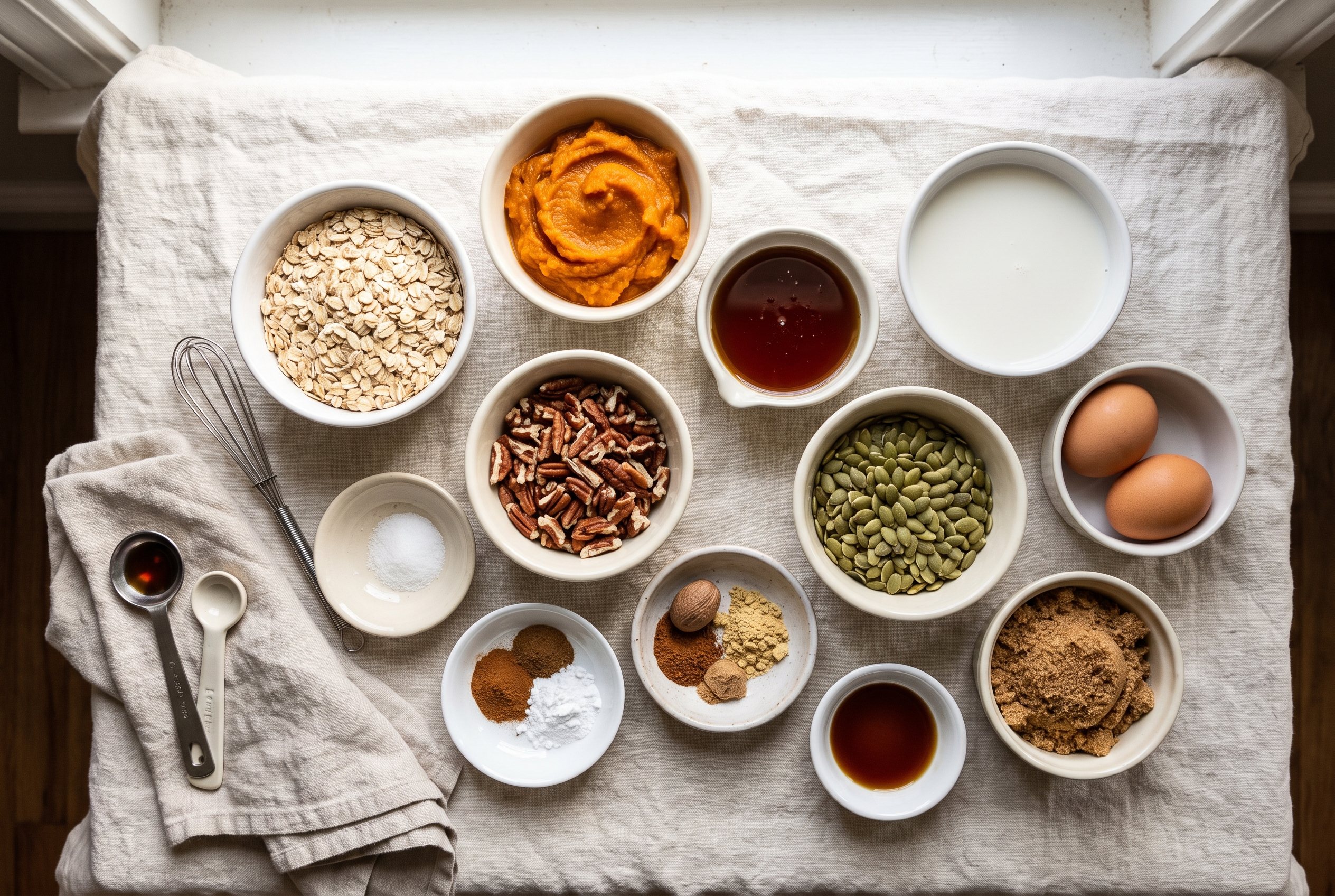 Ingredients for pumpkin baked oatmeal in small bowls: rolled oats, canned pumpkin puree, eggs, milk, Greek yogurt, maple syrup, vanilla, pumpkin pie spice, cinnamon, baking powder and chopped pecans for a healthy pumpkin breakfast