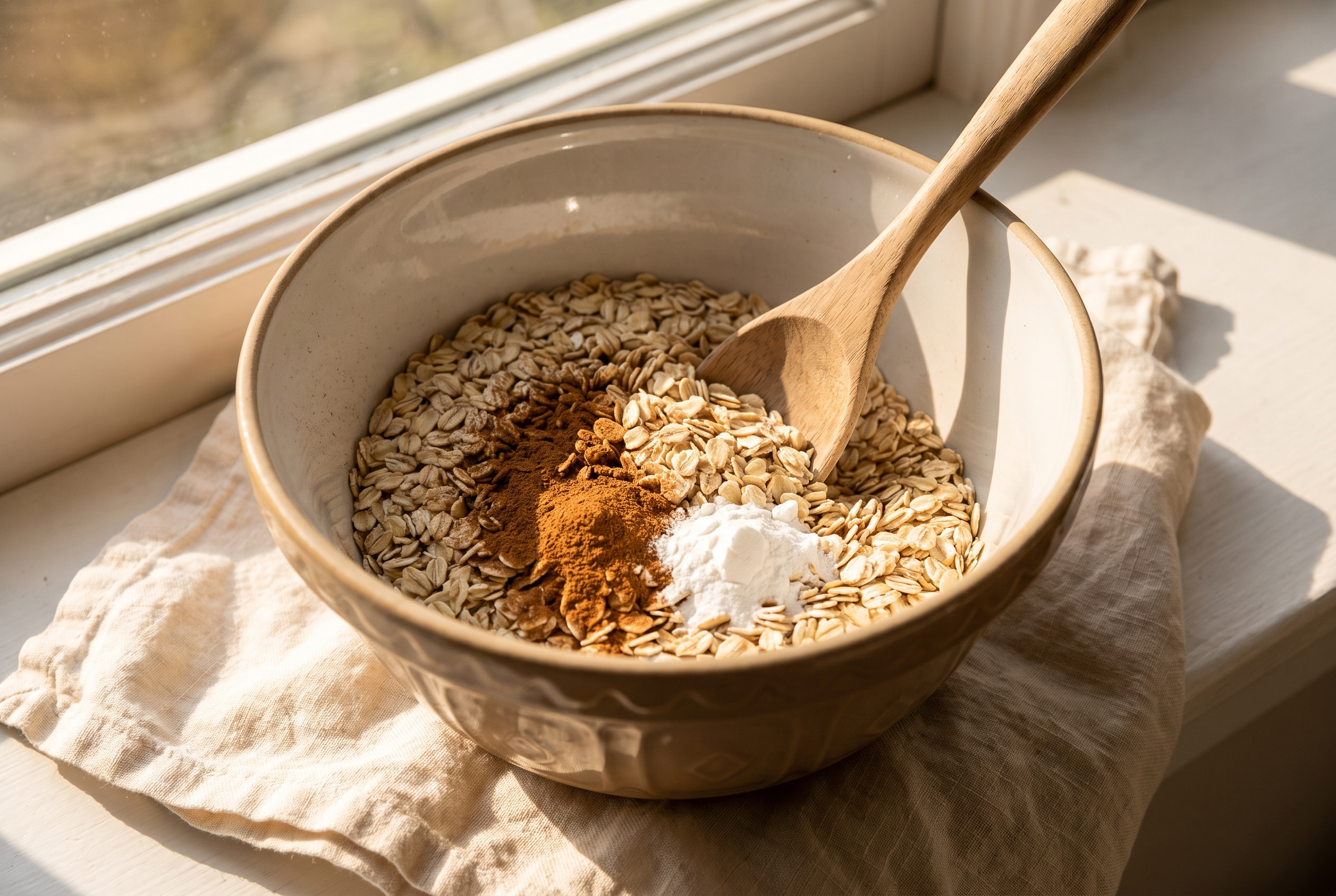 Rolled oats, cinnamon and baking powder in a large mixing bowl