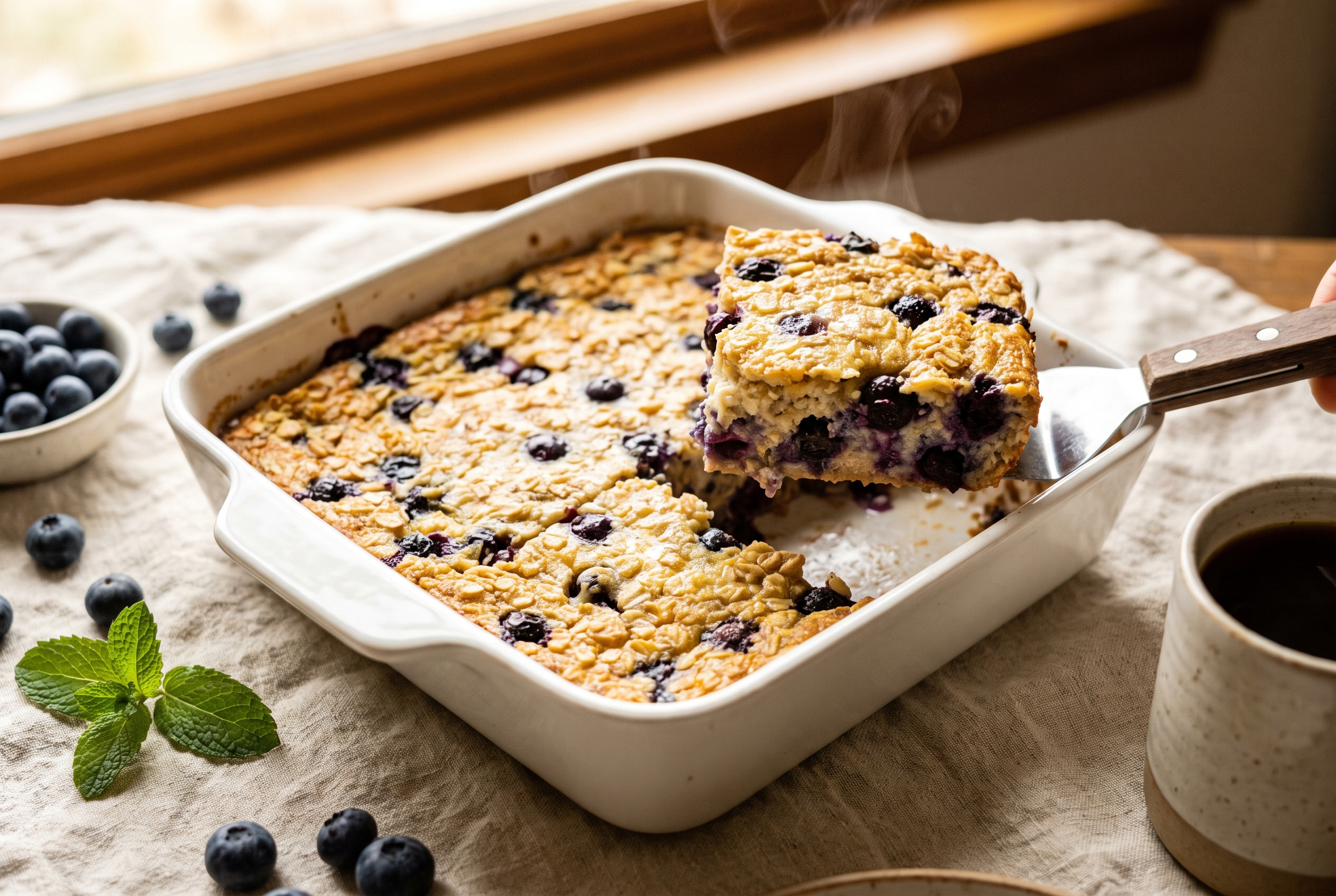 Blueberry cottage cheese breakfast bake in a white baking dish, golden baked oats and cottage cheese studded with bursting blueberries, with one square lifted out