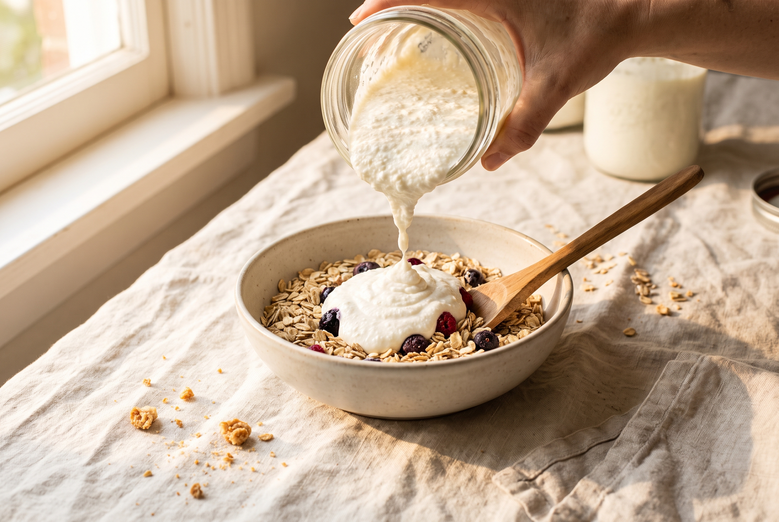 Blended cottage cheese mixture being poured over rolled oats and stirred together in a mixing bowl