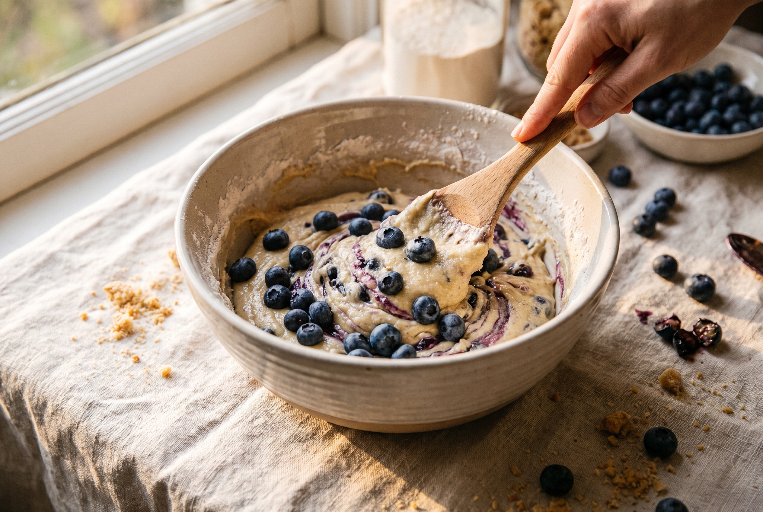 Fresh blueberries being folded into the oat and cottage cheese batter with a spatula