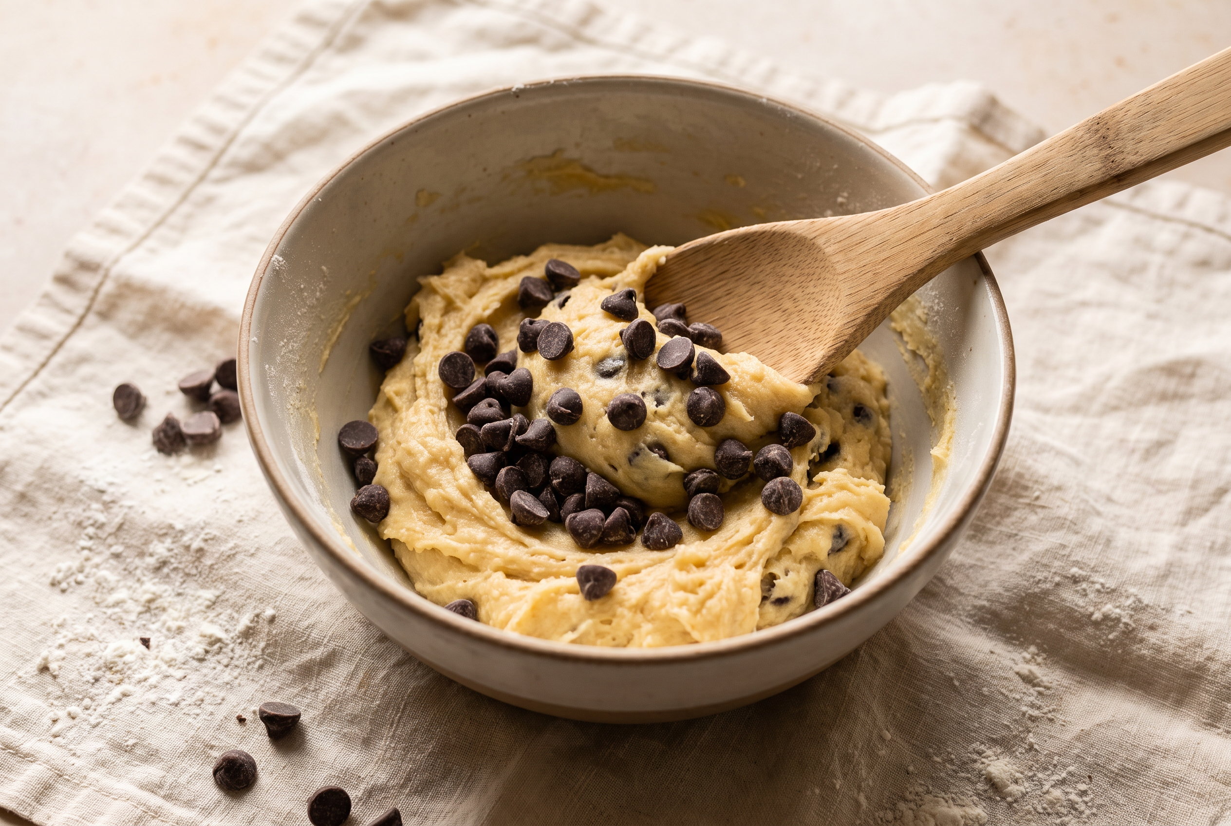 Mini chocolate chips being stirred into thick pumpkin protein muffin batter in a bowl