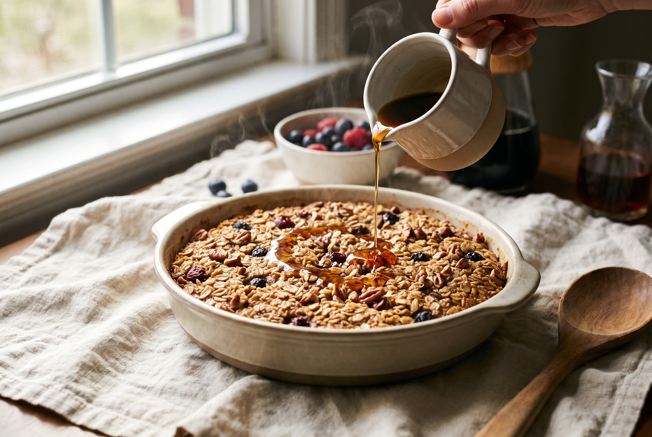 Golden baked pumpkin oatmeal fresh out of the oven with toasted pecans on top and maple syrup being drizzled over it