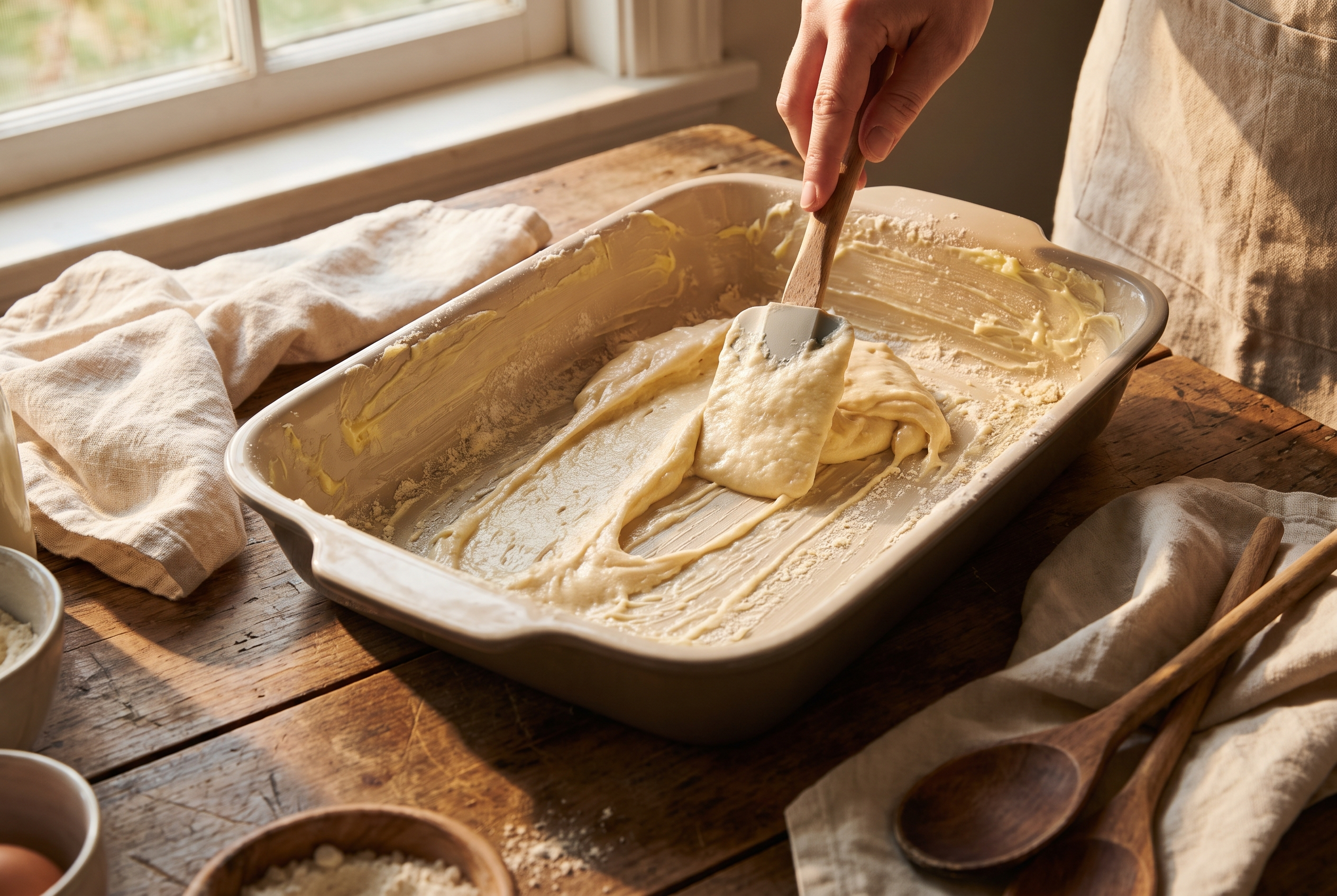 Pumpkin oatmeal batter spread in an even layer in a greased white baking dish