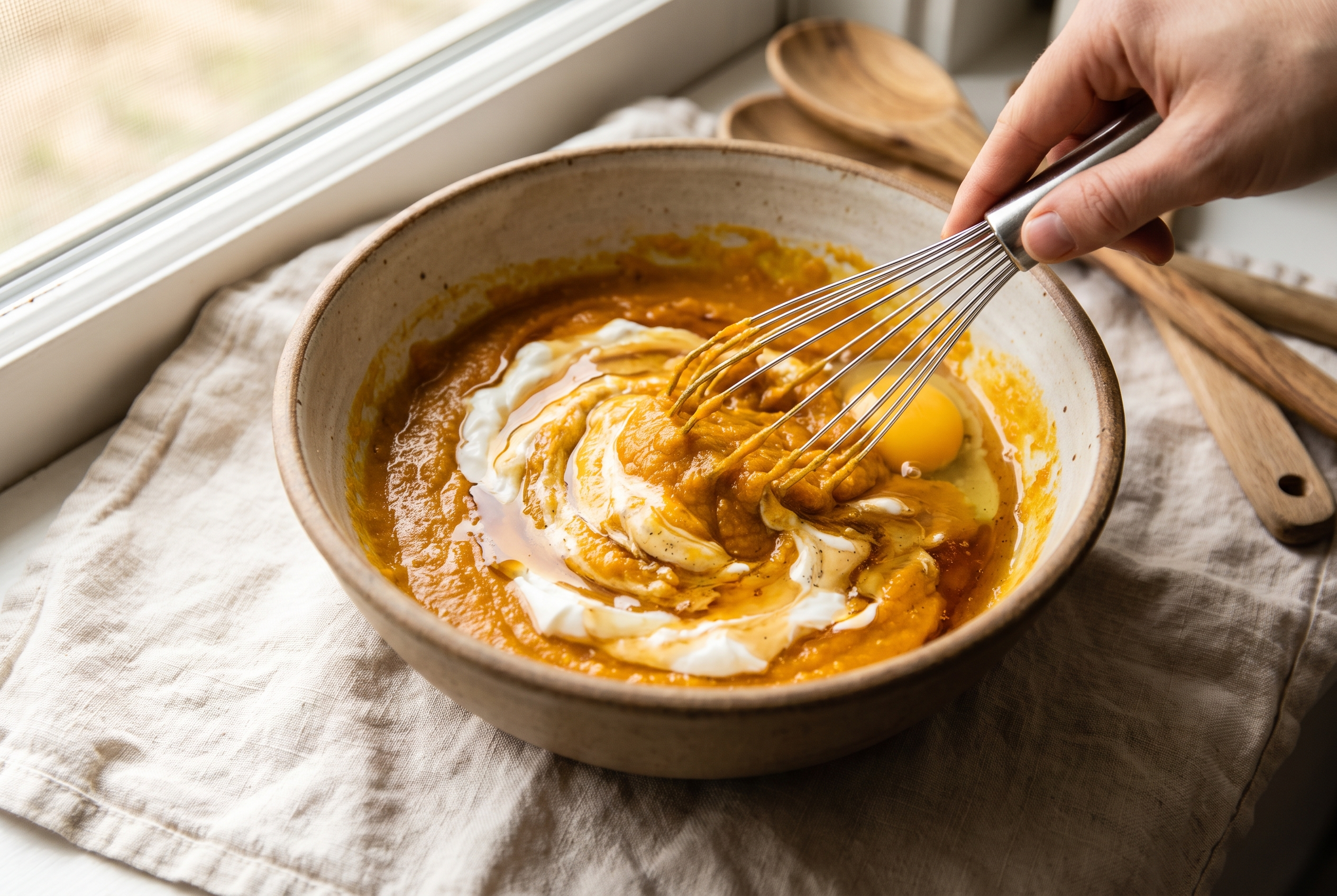 Pumpkin puree, Greek yogurt, eggs, maple syrup and vanilla being whisked together in a large bowl