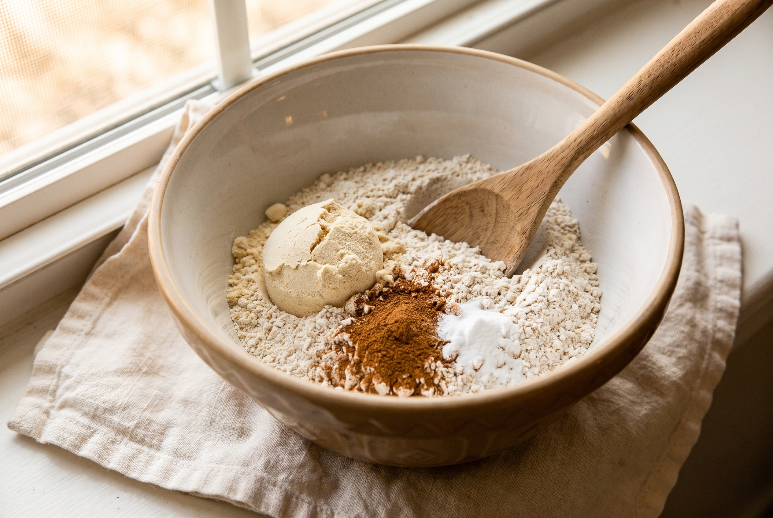 Oat flour, vanilla protein powder, pumpkin pie spice and baking soda whisked together in a bowl