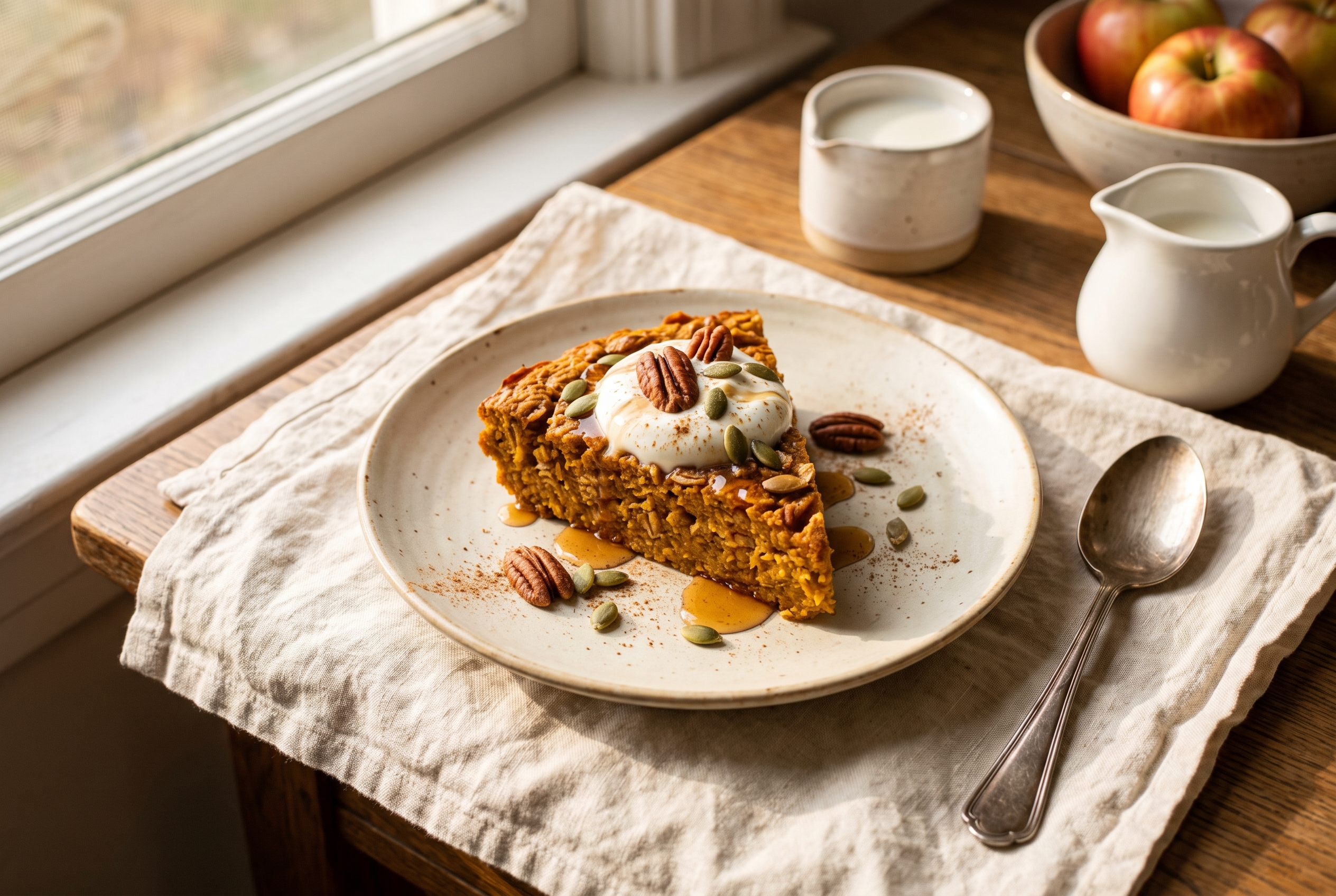 A square of healthy pumpkin baked oatmeal on a cream plate with toasted pecans, a spoonful of Greek yogurt and a drizzle of maple syrup, the baking dish behind it