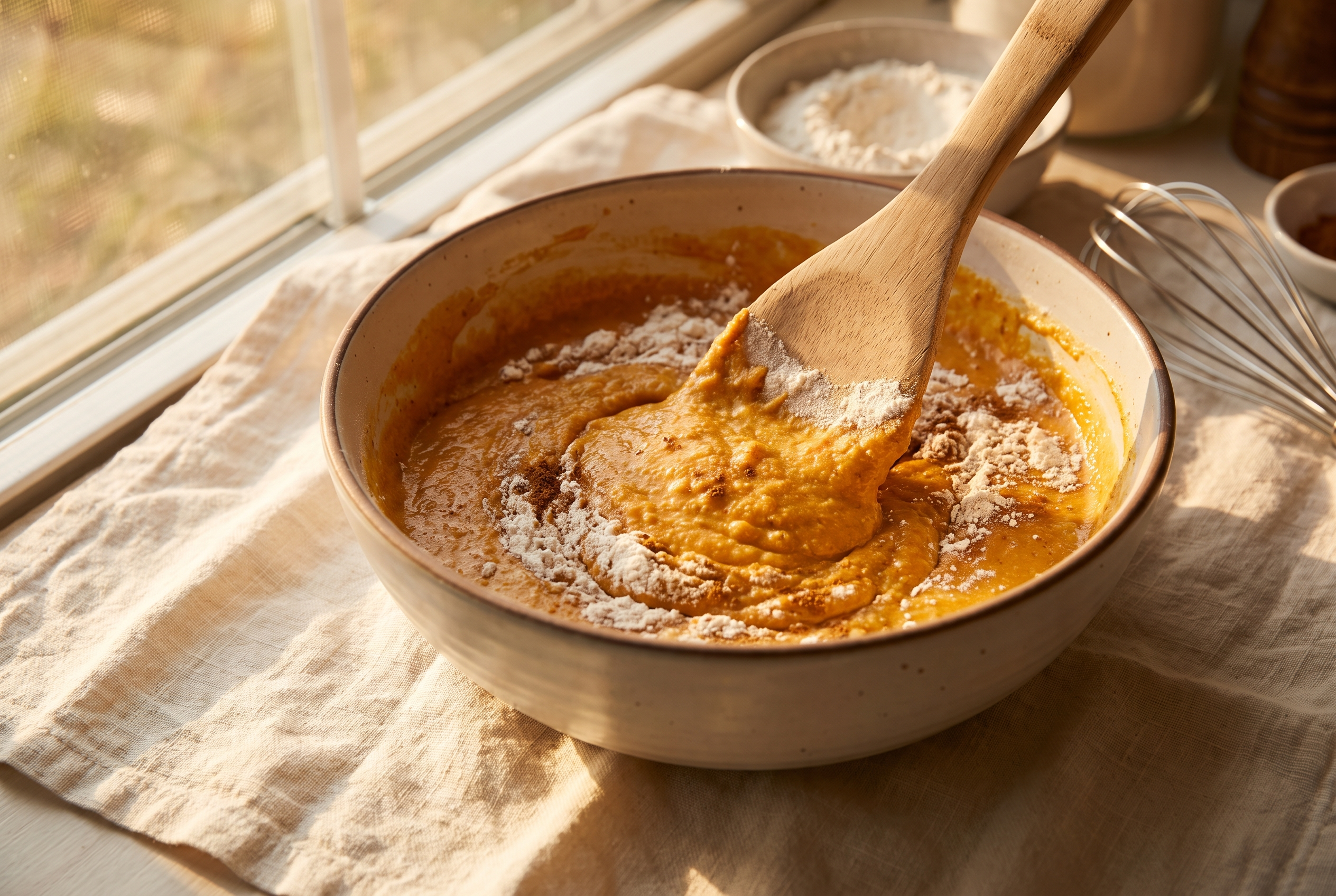 The dry oat flour and protein powder mixture being folded into the orange pumpkin batter with a spatula
