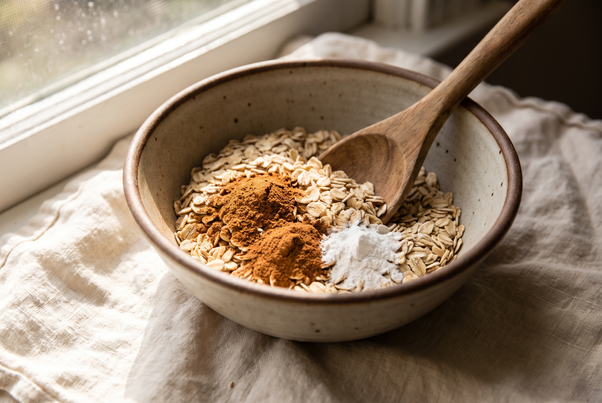 Rolled oats mixed with pumpkin pie spice, cinnamon and baking powder in a bowl
