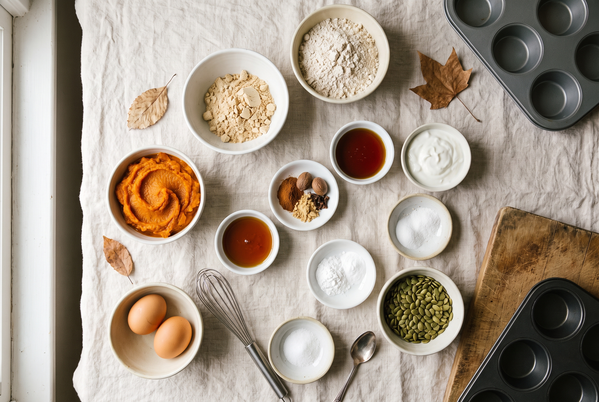 Ingredients for pumpkin protein muffins in small bowls: pumpkin puree, Greek yogurt, eggs, maple syrup, vanilla, oat flour, vanilla protein powder, pumpkin pie spice, baking soda, chocolate chips and pumpkin seeds for healthy pumpkin muffins