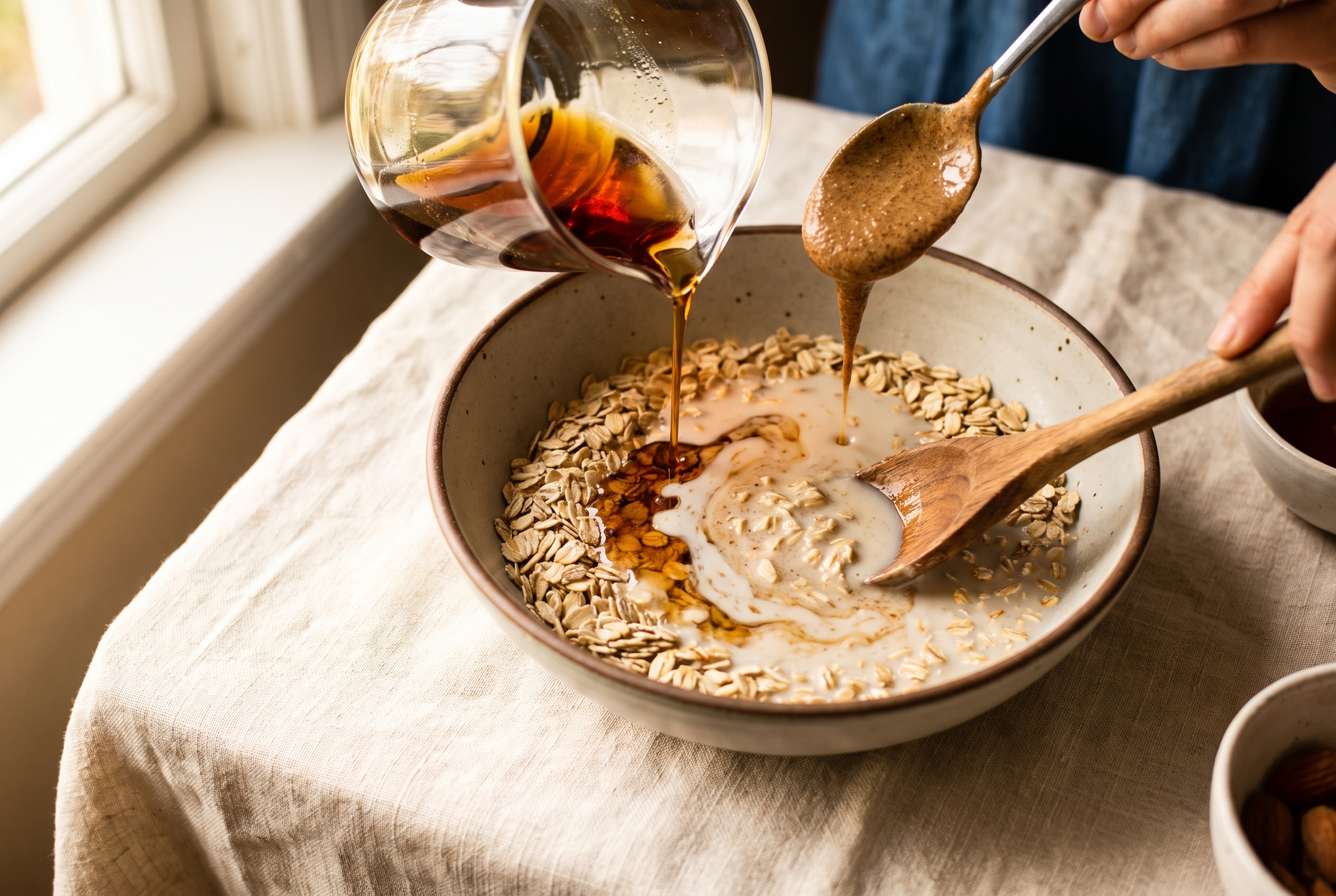 The orange pumpkin mixture being poured into the spiced rolled oats and stirred together with a spatula