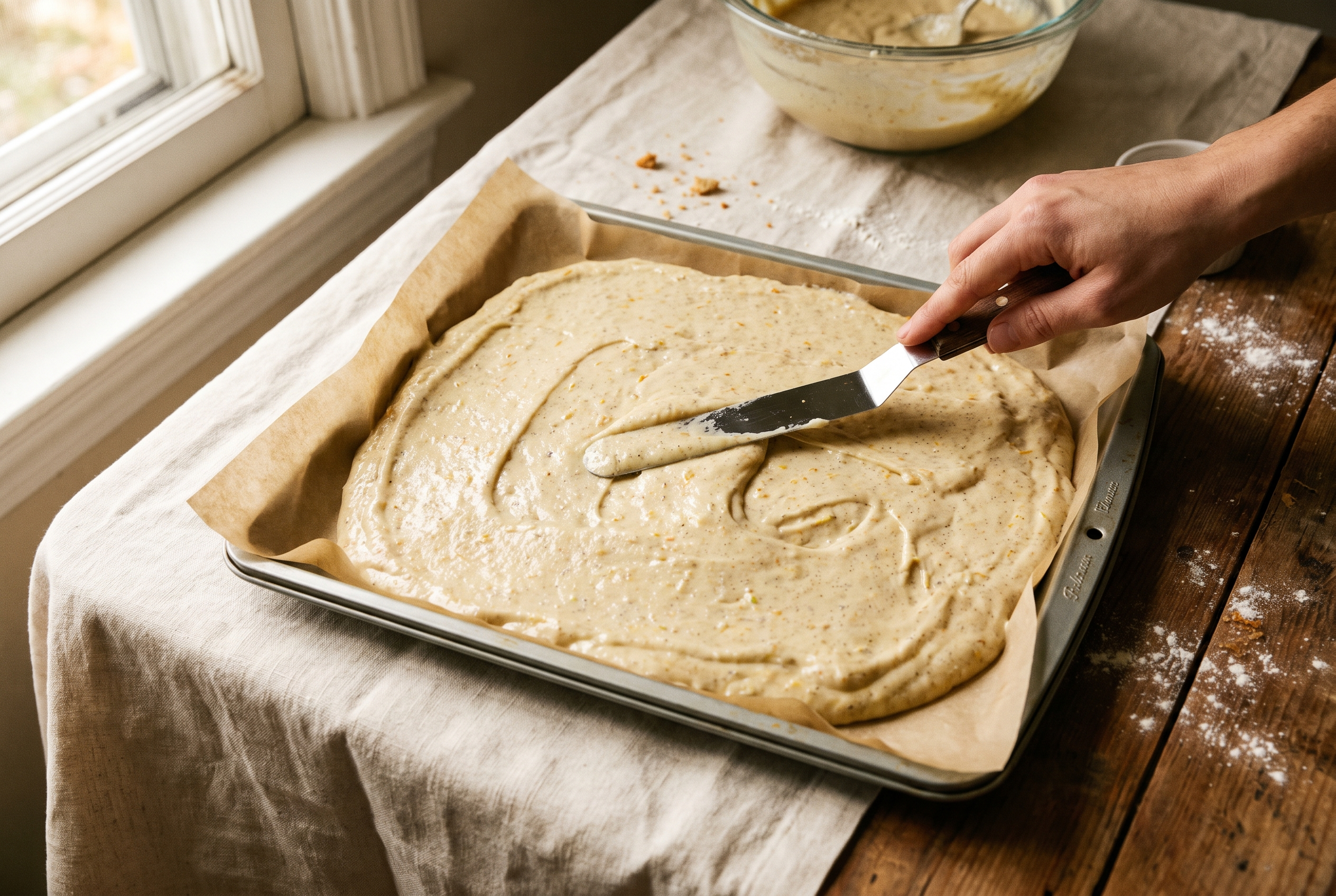 Orange pumpkin bar batter being spread evenly into a parchment-lined sheet pan with an offset spatula