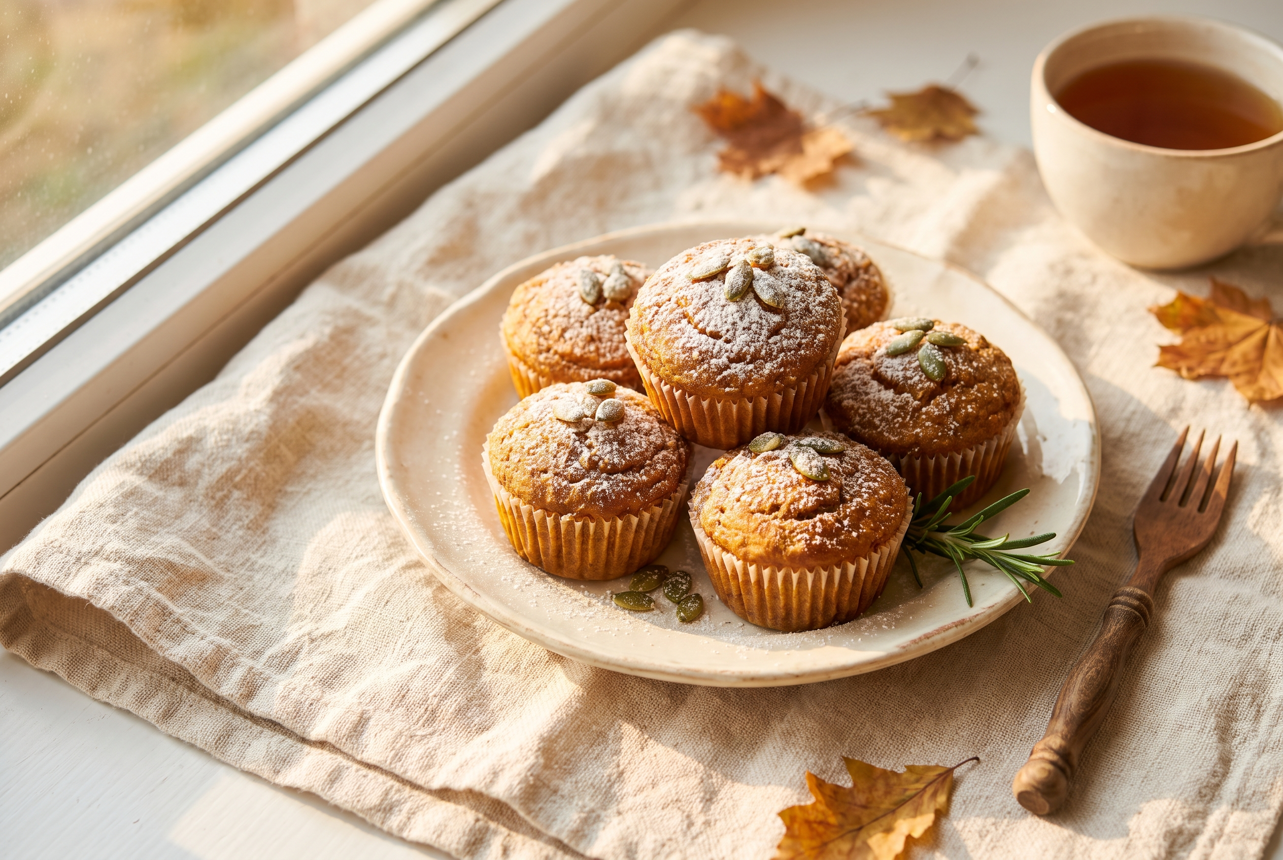 Two pumpkin protein muffins on a cream plate, one split open to show the moist orange crumb and melted chocolate chips, with a mug of coffee and a small pumpkin behind