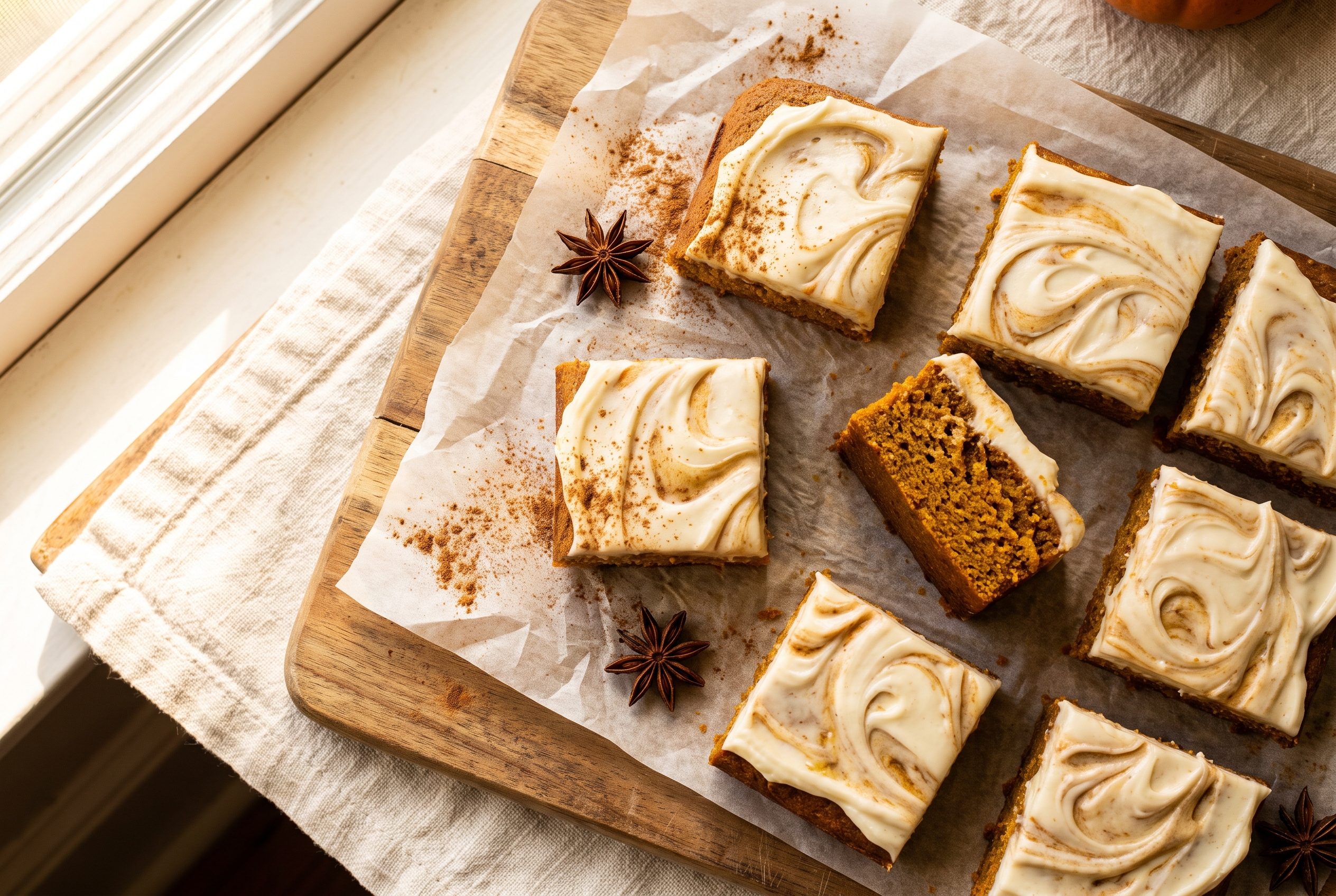 Pumpkin bars with cream cheese frosting cut into neat squares on parchment, thick swirled frosting dusted with cinnamon, one bar turned on its side to show the moist orange cake