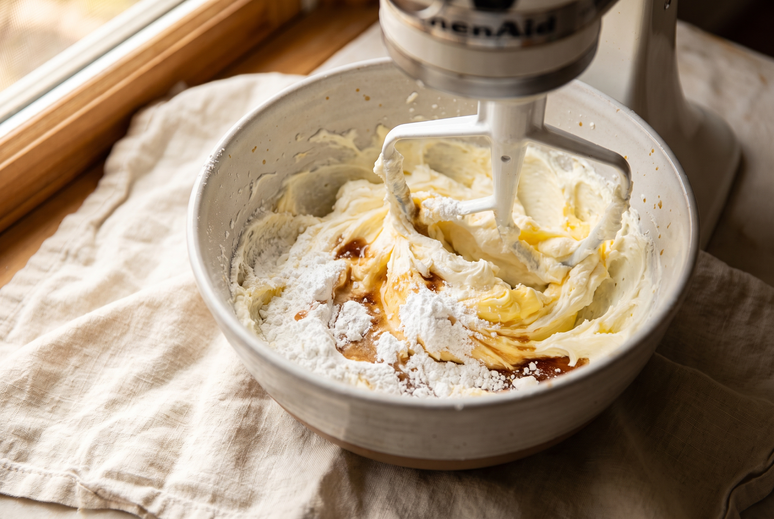 Cream cheese, butter, powdered sugar and vanilla being beaten into fluffy white cream cheese frosting in a mixing bowl