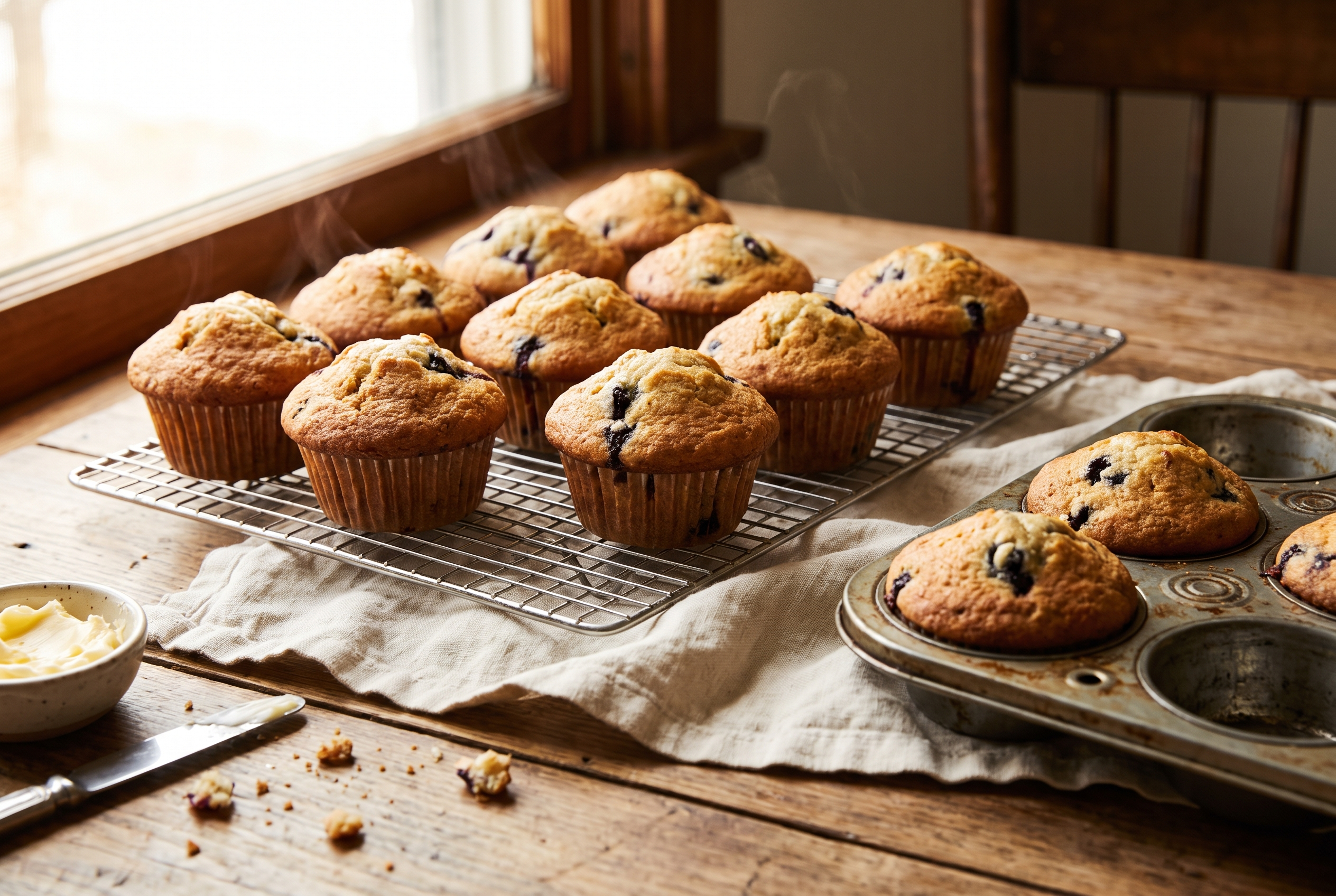 Baked pumpkin protein muffins, domed and golden with chocolate chips and pumpkin seeds on top, cooling on a wire rack