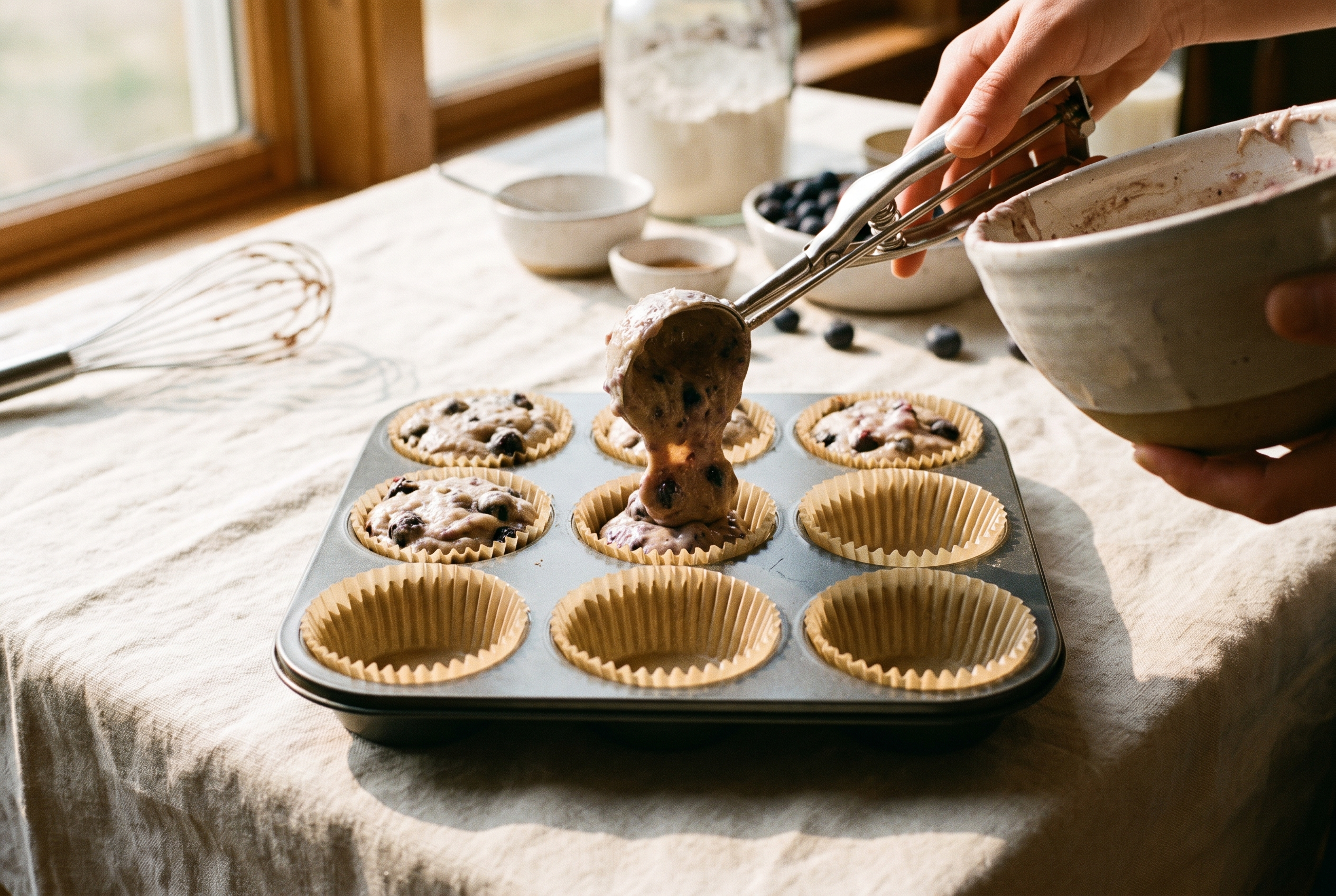 Thick pumpkin chocolate chip batter being scooped into a paper-lined muffin tin