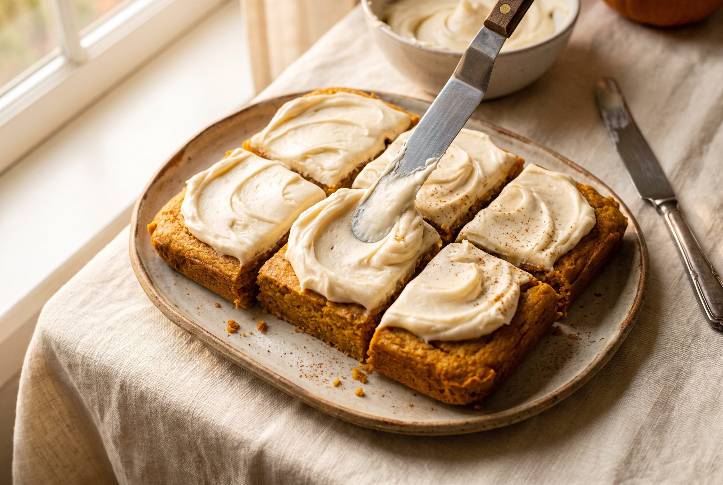 Cream cheese frosting being spread in swirls over cooled pumpkin bars with an offset spatula