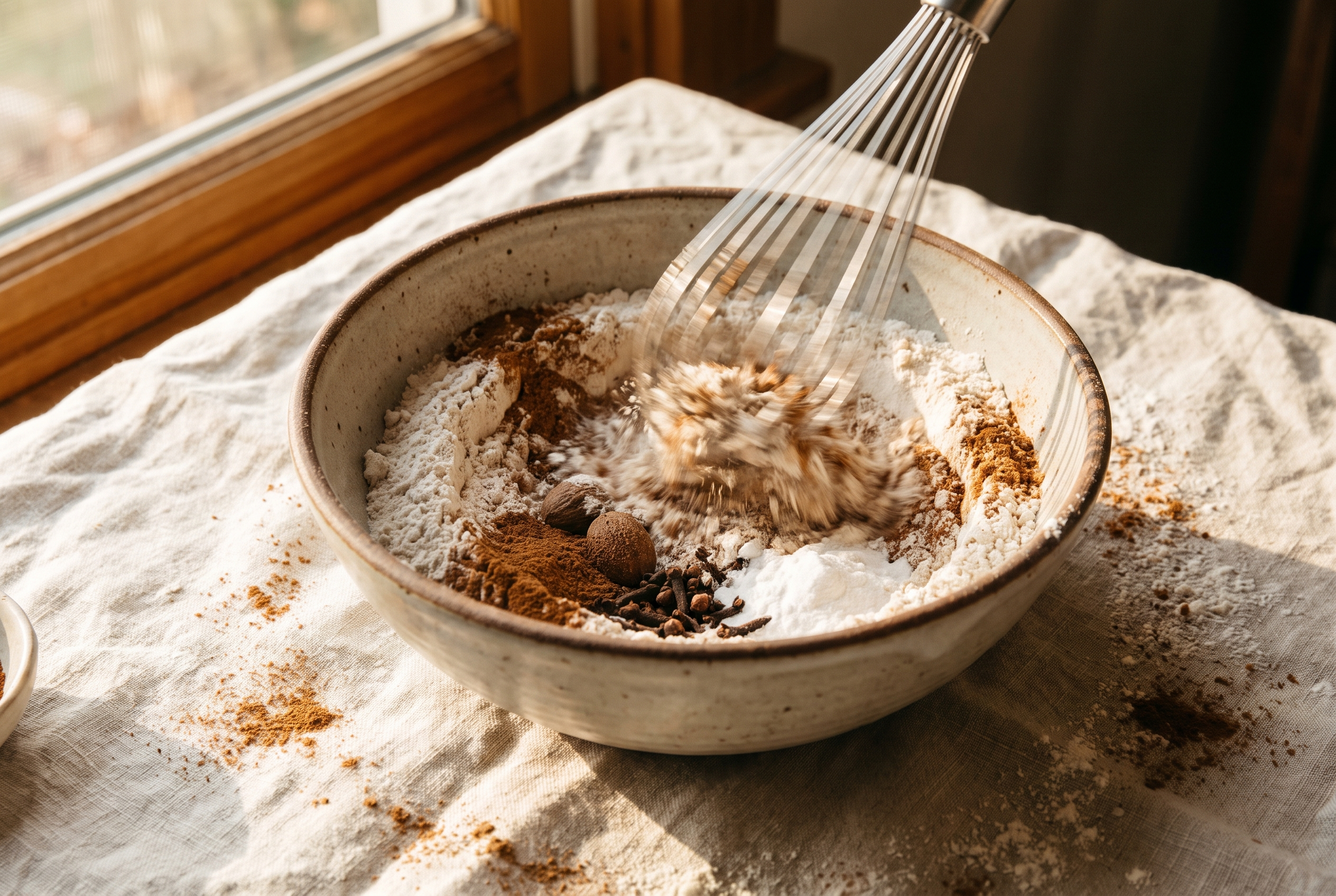 Flour, cinnamon, pumpkin pie spice, baking powder and baking soda being whisked together in a bowl