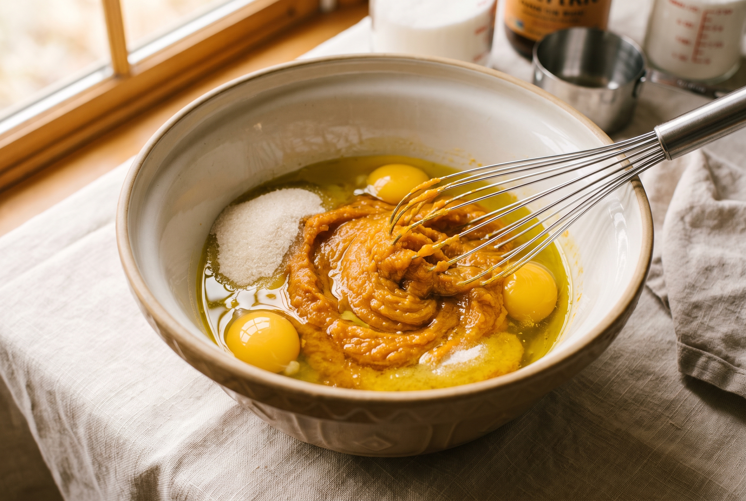 Pumpkin puree, eggs, sugar and oil being whisked together into a glossy orange batter in a large bowl