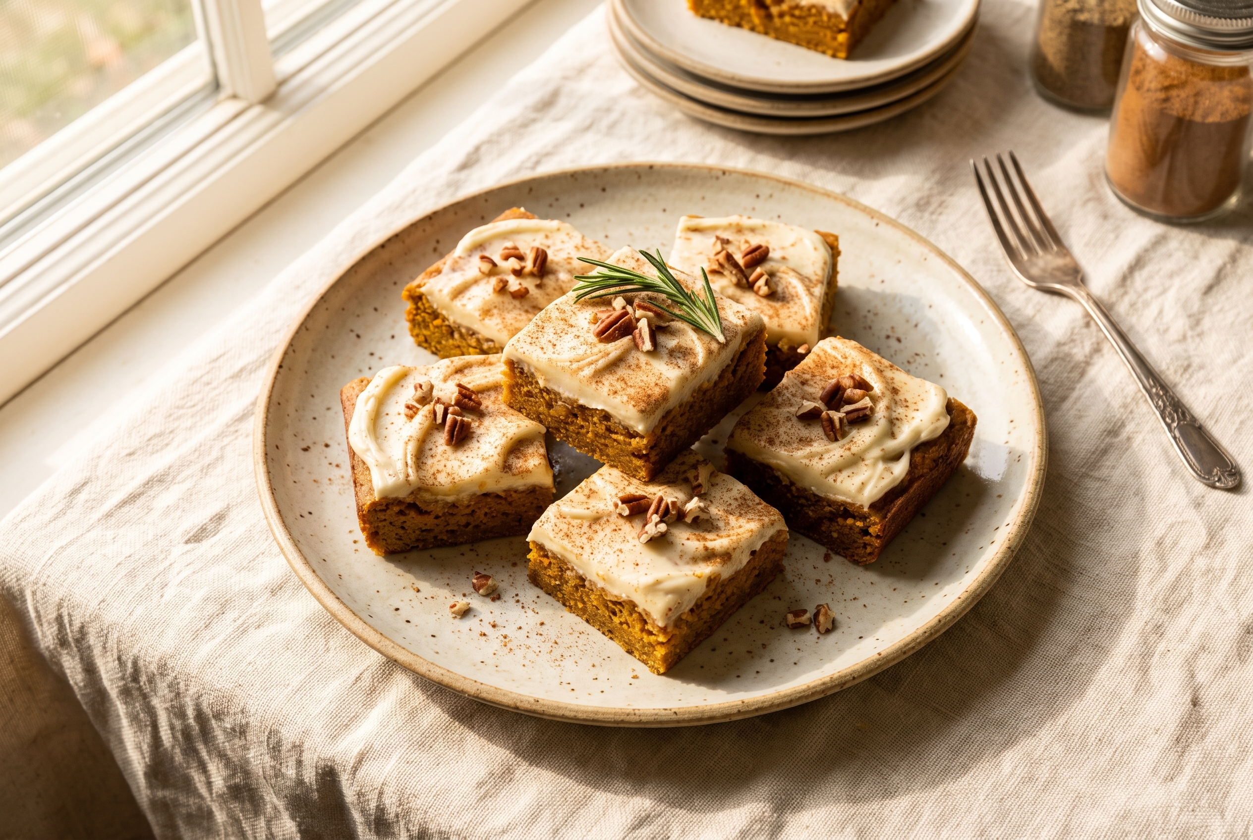 Two pumpkin bars with thick swirled cream cheese frosting on a cream plate with a dusting of cinnamon, one bar showing the moist orange cake layer, a mug of coffee beside them