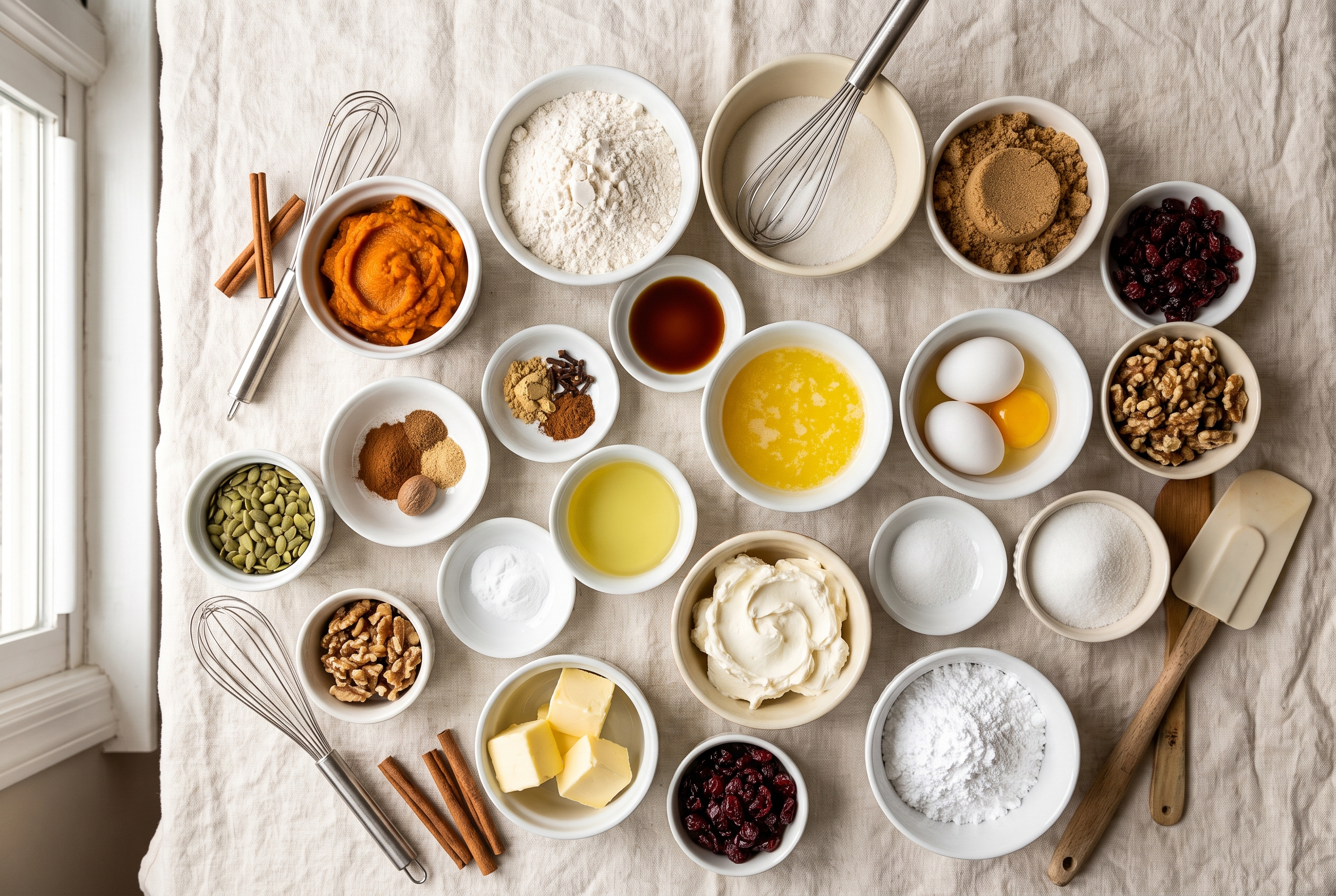 Ingredients for pumpkin bars with cream cheese frosting in small bowls: pumpkin puree, eggs, sugar, oil, Greek yogurt, flour, cinnamon, pumpkin pie spice, baking powder, cream cheese, butter, powdered sugar and vanilla for a fall dessert