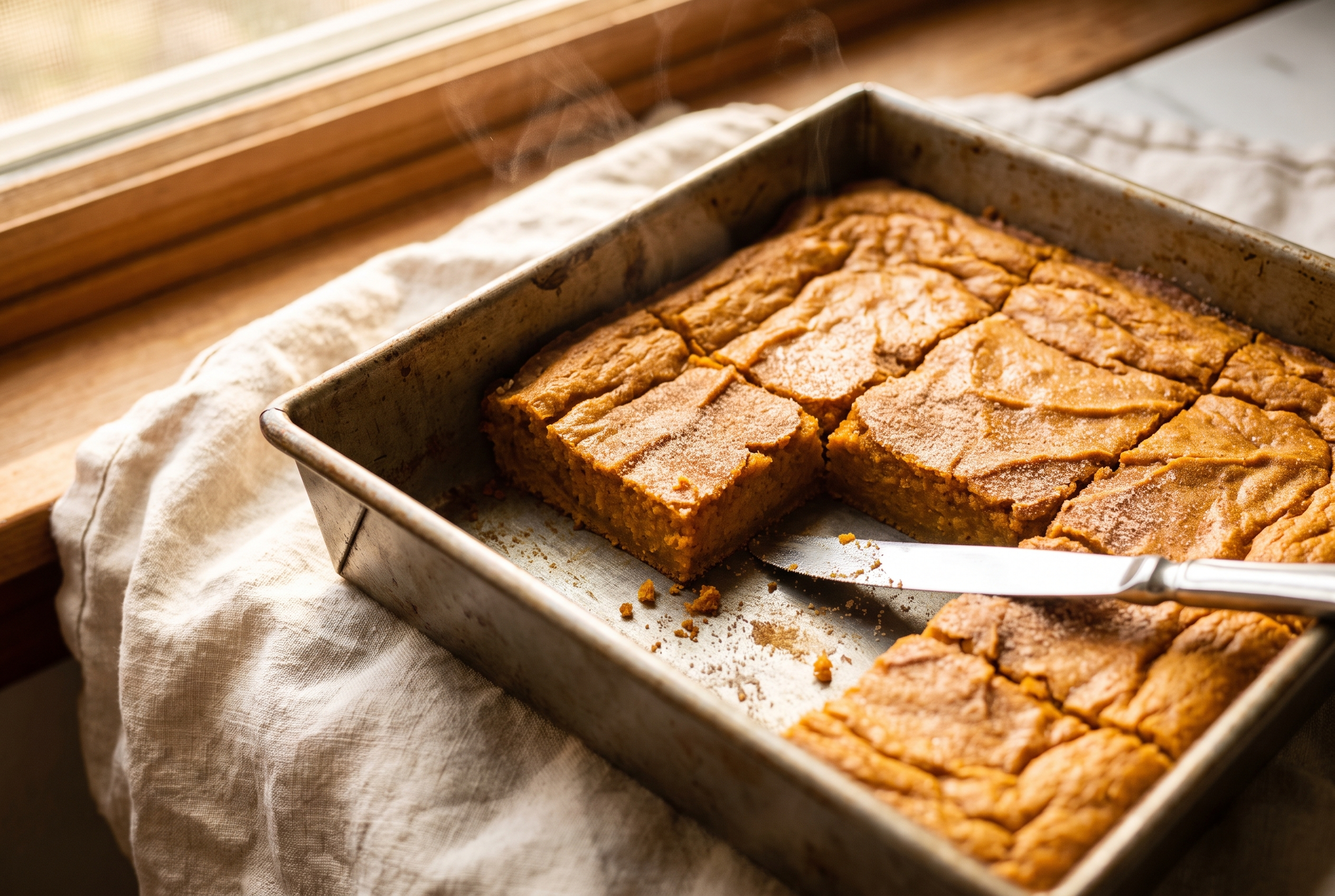 A pan of baked pumpkin bars cooling on a wire rack, the top set and golden orange