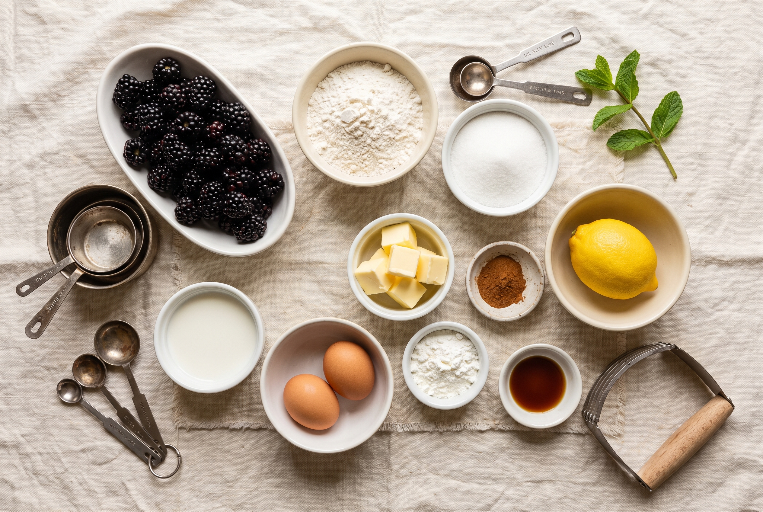 Ingredients for blackberry cobbler in small bowls: fresh blackberries, sugar, a lemon, cornstarch, flour, baking powder, cold cubed butter, buttermilk and coarse sugar for an easy skillet fruit cobbler